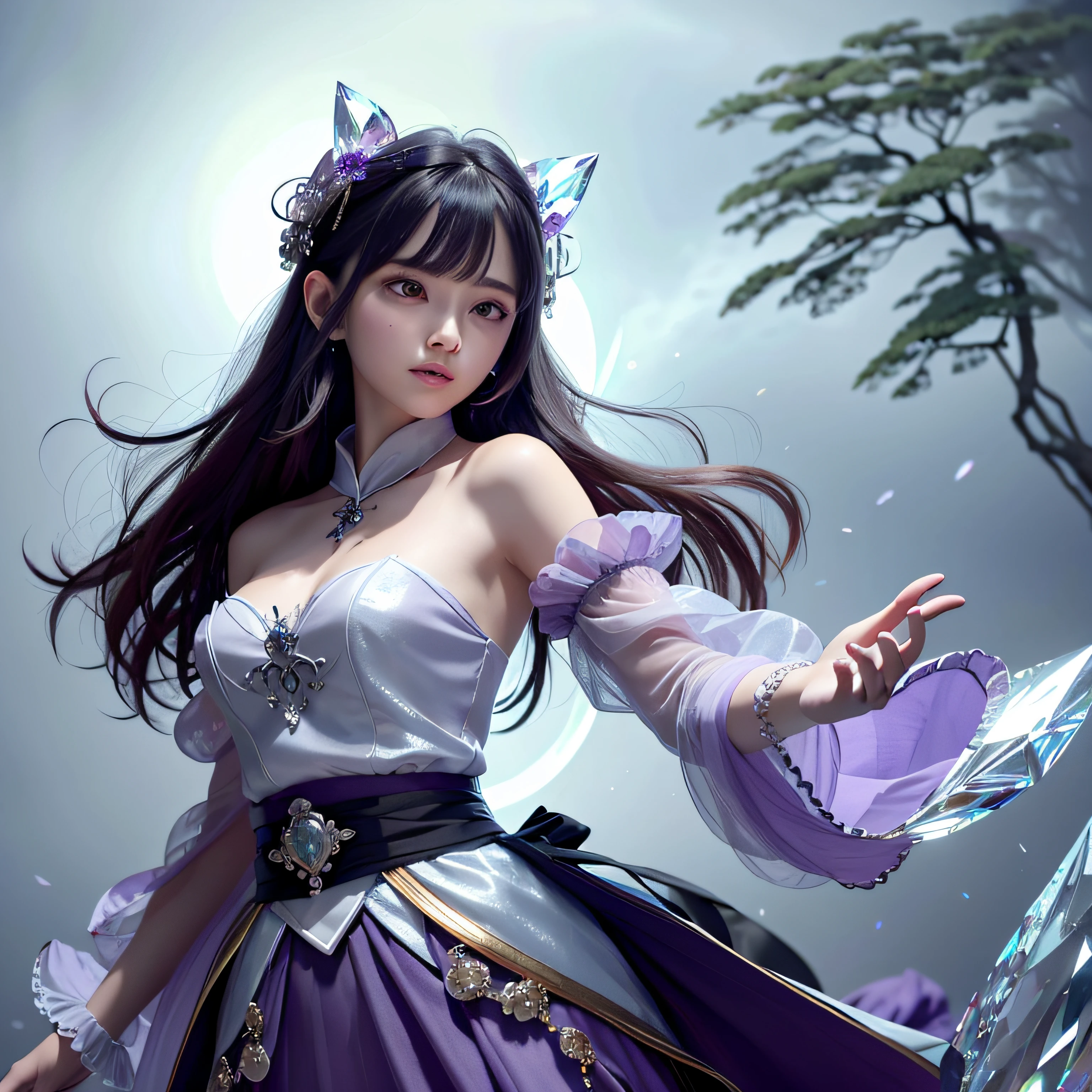 (tmasterpiece,top-quality,optimum,offcial art,Beautiful and aesthetic,Long exposure:1.2),Smooth movement,Charming Patterns, 1 rapariga,(Long skirt with sleeves:1.3),(((Purple clothes))),upperbody closeup,No shoulders,ChineseGirl,Blushlush,Black lob hair, sportrait,独奏,The upper part of the body,Gaze the observer,detailedbackground,Detailed face,(crystallineAI, crystalline theme:1.1),Elemental wood sprites,Rotate the leaves,Control the leaves,Clothes of purple gemstones,dynamicposes,particles floating,Ethereal power,foliage,vaporous,forest in background,greenish tinge,ln the forest,Ethereal atmosphere,