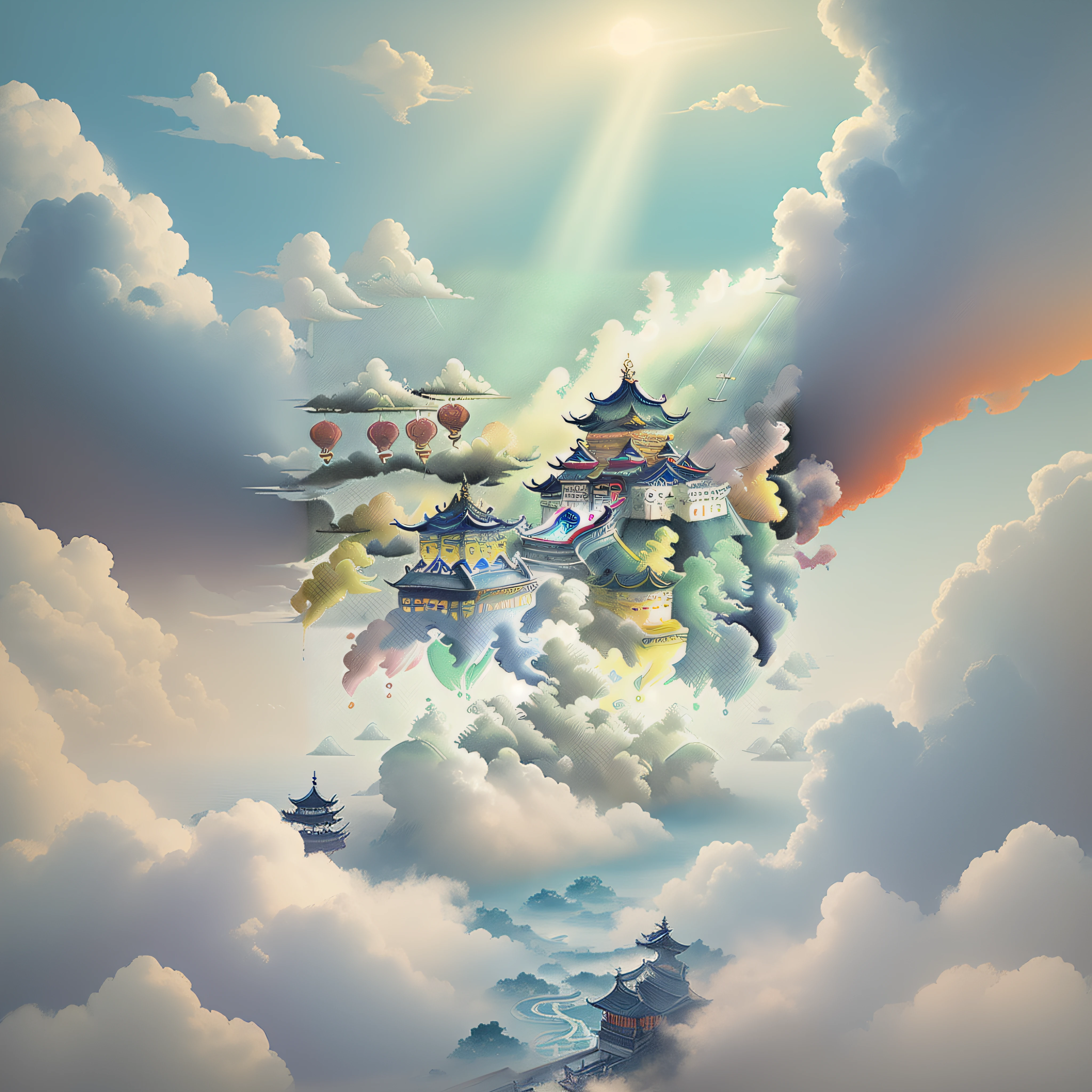 The game scene, the ancient Chinese palace is located above the clouds, surrounded by clouds and mist, majestic, glazed tiles, colorful rays of light, ((color ink)),((splash ink)),((splash ink) ink}) ), masterpiece, high quality, Refined graphics, high detail