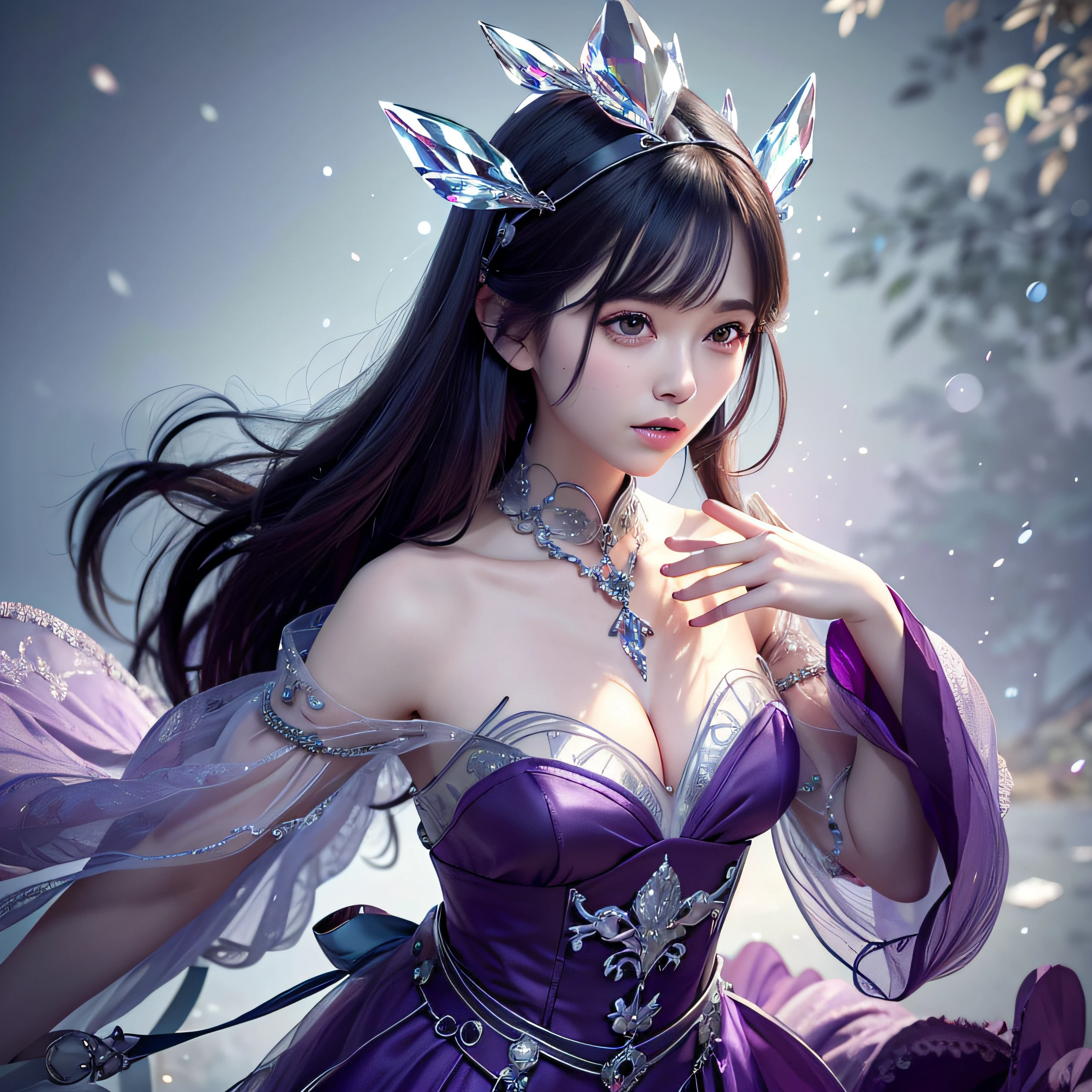 (tmasterpiece,top-quality,optimum,offcial art,Beautiful and aesthetic,Long exposure:1.2),Smooth movement,Charming Patterns, 1 rapariga,(Long skirt with sleeves:1.3),(((Purple clothes))),upperbody closeup,No shoulders,ChineseGirl,Blushlush,Black lob hair, sportrait,独奏,The upper part of the body,Gaze the observer,detailedbackground,Detailed face,(crystallineAI, crystalline theme:1.1),Elemental wood sprites,Rotate the leaves,Control the leaves,Clothes of purple gemstones,dynamicposes,particles floating,Ethereal power,foliage,vaporous,forest in background,greenish tinge,ln the forest,Ethereal atmosphere,