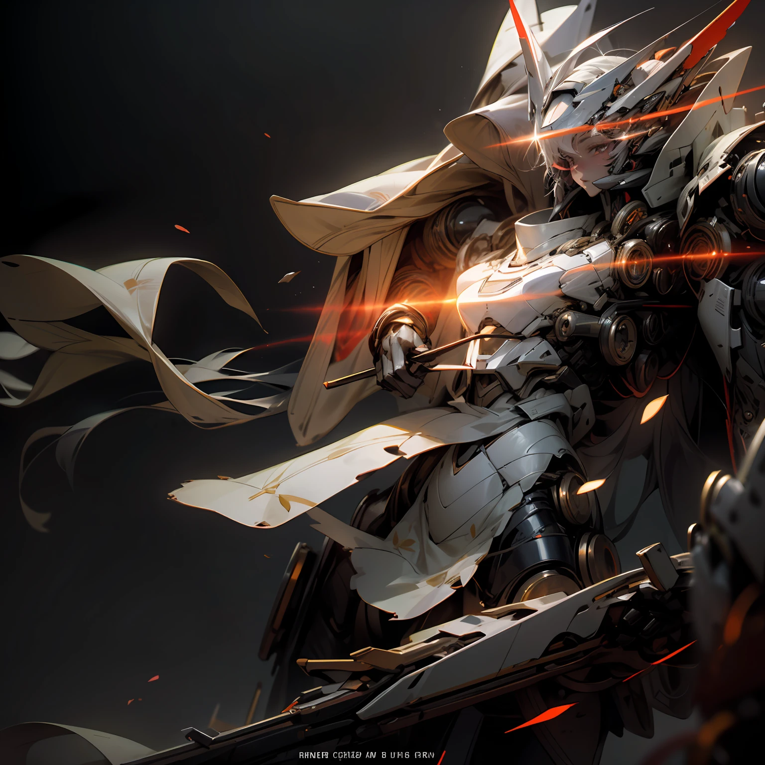 A beautiful game CG with the Doomsday theme as the main body, hyper-detailed, this is a light black and light white complex structure of the mecha, its hands hold a broad heavy armor sword, emitting a fiery red light: 1.2, the eyes emit dazzling red light: 0.8, 3D two-dimensional drawing, the scarf of breaking waves sways with the wind, anime drawing, chiaroscuro, light special effects, mecha detailed and exquisite, mecha face delicate and clear, light source on the eyes, background burning fire of the broken mechanical battlefield