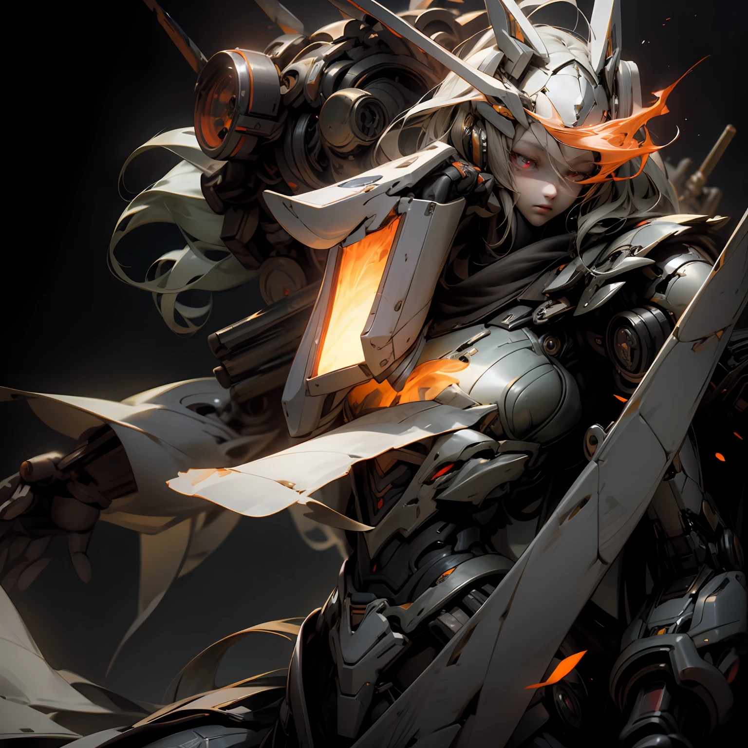 A beautiful game CG with the Doomsday theme as the main body, hyper-detailed, this is a light black and light white complex structure of the mecha, its hands hold a broad heavy armor sword, emitting a fiery red light: 1.2, the eyes emit dazzling red light: 0.8, 3D two-dimensional drawing, the scarf of breaking waves sways with the wind, anime drawing, chiaroscuro, light special effects, mecha detailed and exquisite, mecha face delicate and clear, light source on the eyes, background burning fire of the broken mechanical battlefield