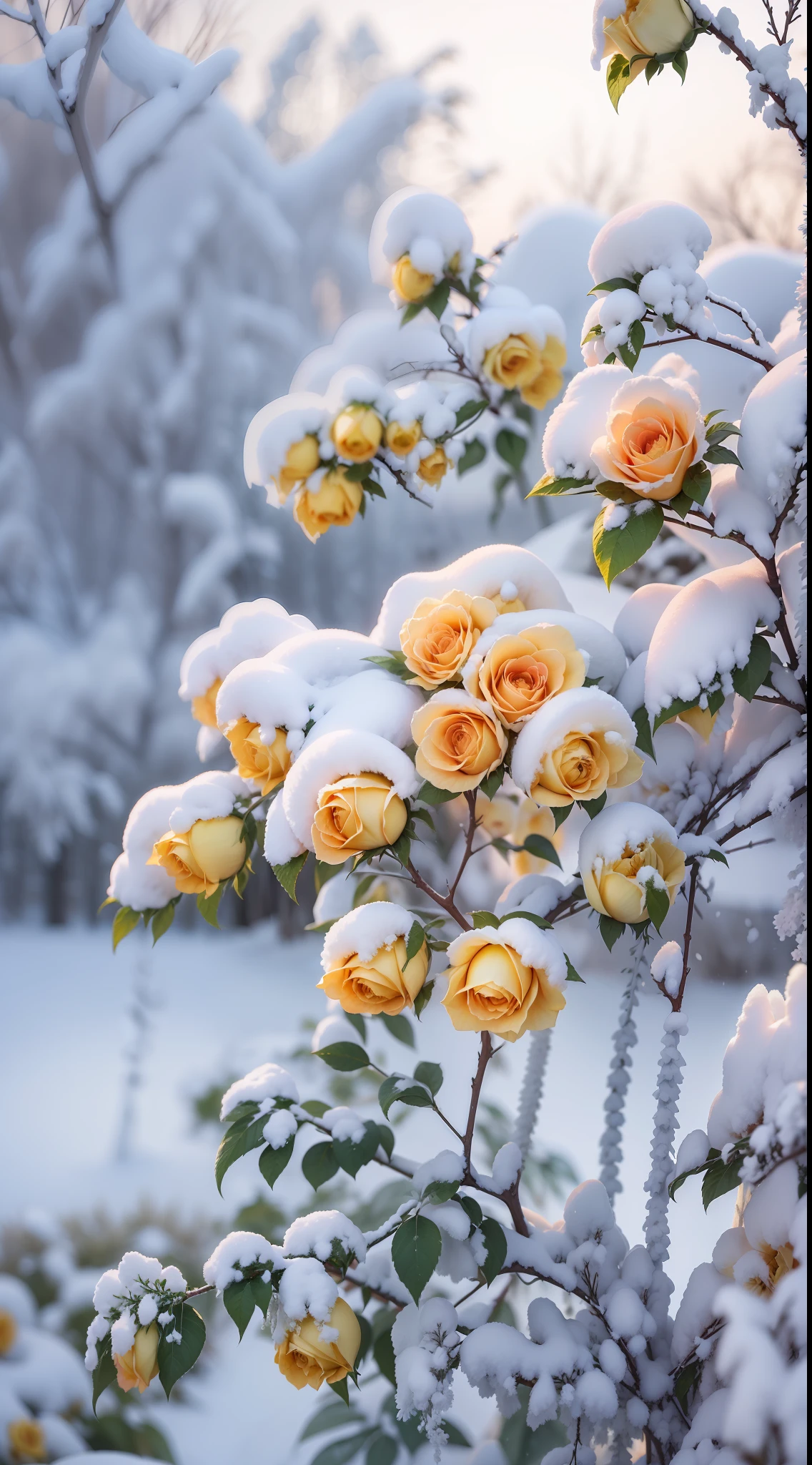 There are many yellow roses growing in the snow,The flowers are covered with a thick layer of snow,The flowers are frozen,Pink tree,Beautiful nature,Canon photography,Cold but beautiful,cinematric light,4K photography,8K high quality detailed art