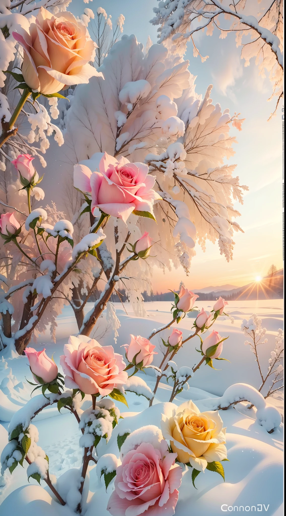 There are many yellow roses growing in the snow,The flowers are covered with a thick layer of snow,The flowers are frozen,Pink tree,Beautiful nature,Canon photography,Cold but beautiful,cinematric light,4K photography,8K high quality detailed art