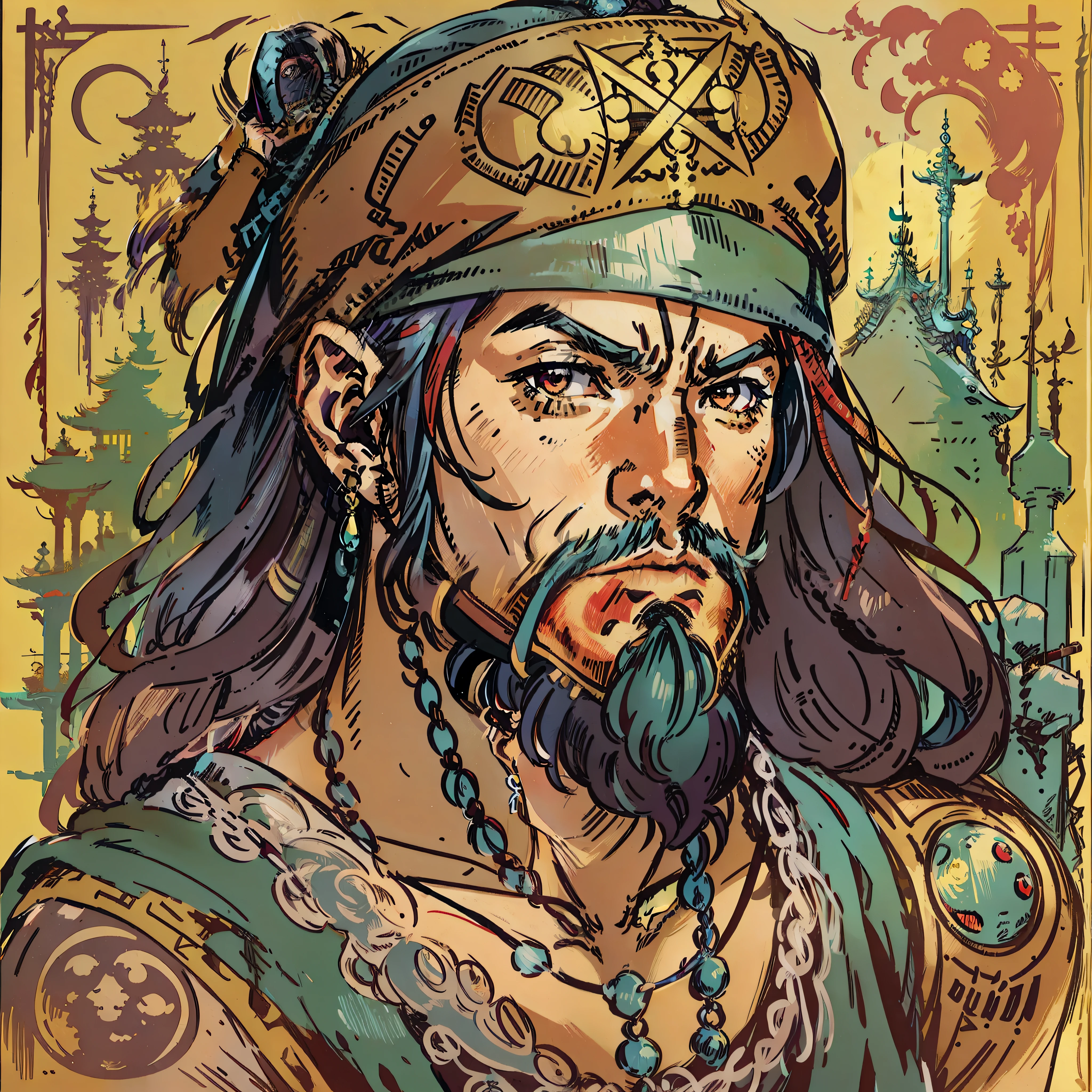 Pirata macho, Asian ethnicity, Personagem de RPG, fantasia medieval, fechar retrato
