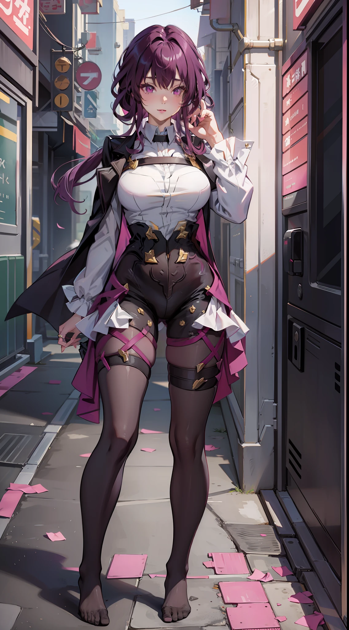 Purple colored hair，Sexy JK uniform，black pantyhoses，without wearing shoes