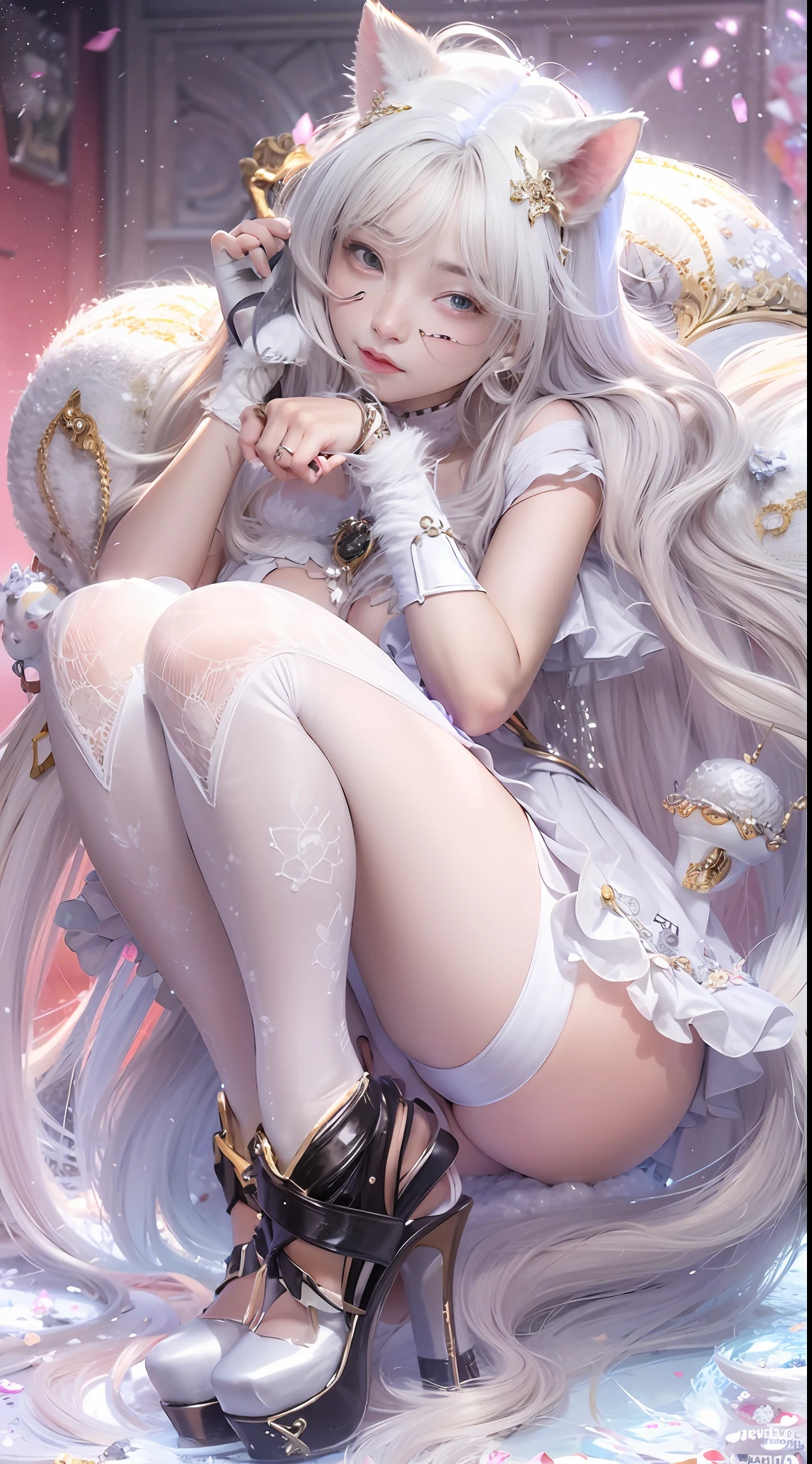 Kizi,sensual breasts,No cloth,Cat ears,Cat's paw gloves,dog collar,barechested,,,stocklings,,,Squat to the toilet with your legs open,Naked,Reveals large areas of snow-white skin,,,White fully transparent liquid tulle,no underwares,with no underpants,Smooth crotch,Exposes large areas of skin,Open look,Plump sexy body,,Light walking map,One foot lifted to the sky,Long colorful hair