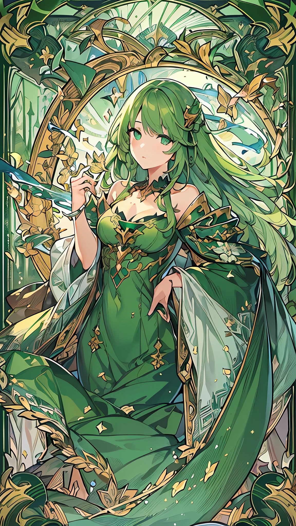 tarot cards,(((Masterpiece))),(((best qualtiy))),((Ultra-detailed)),(illustration),((anextremelydelicateandbeautiful)),dynamic angle,Floating,(beatiful detailed eyes),(detailedlight) (1girll), Solo, Floating_Hair,glowing light eyes,Green hair,green-eyed, double tails, halterdress, atdan, Green background,