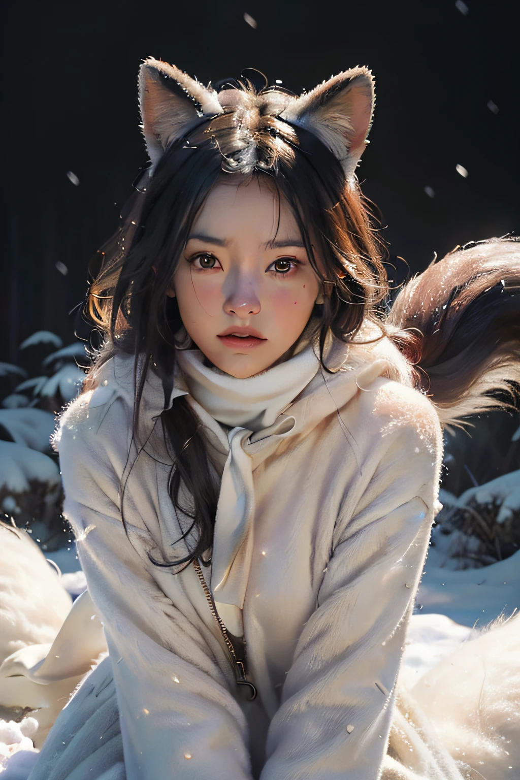 full bodyesbian,(raw photo:1.2), (photorealistic:1.4), (best quality:1.4), (ultra highres:1.2), (highly detailed:1.3), (HDR:1.2), (cinematic lighting:1.3), (detailed eyes ), (Facial features), (Fur details), (snow covered:1.2), Cute little fox, Stand up, (3/4 Human figures:1.2), (furry tail:1.2), (soft fur:1.2) , (sprout:1.2), (looking at viewert), (An innocent expression), (softlighting), (dream magical), (dream magical:1.3), (aethereal:1.3), (Magic:1.2), (snowflower: 1.2),(Winter wonderland:1.3),(whimsically:1.2),(playful:1.2),Half-body diagram,独奏