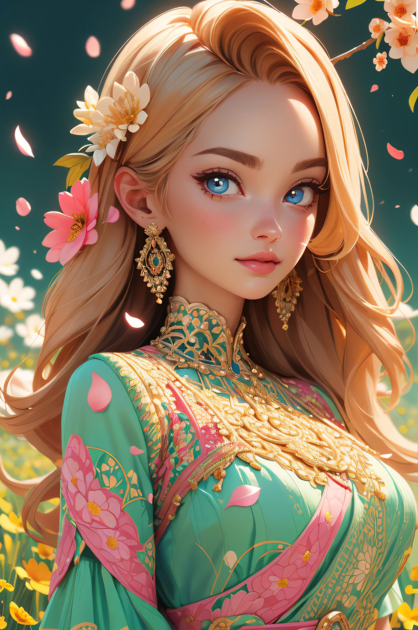 A Barbie princess wearing a lovely pink lightweight dress, hires, extremely detailed, detailed background, diffused natural lighting, (flower field, flower petals, surrounded by flowers:1.4), (zentangle, fractal art:1.3), (many colors, colorful:1.1), face focus), seductive, wind blowing, earrings, wearing detailed exotic clothes, ((Full body shot)), delicate face, white skin, delicate facial features, perfect facial features, delicate hair portrayal, delicate eyes portrayal, 8k picture quality, atmosphere sense, the highest quality, masterwork, extreme detail, high resolution, blurry foreground, foreshortening, Luminism, cinematic lighting, wide shot, Masterpiece, retina, textured skin, anatomically correct, best quality, award winning