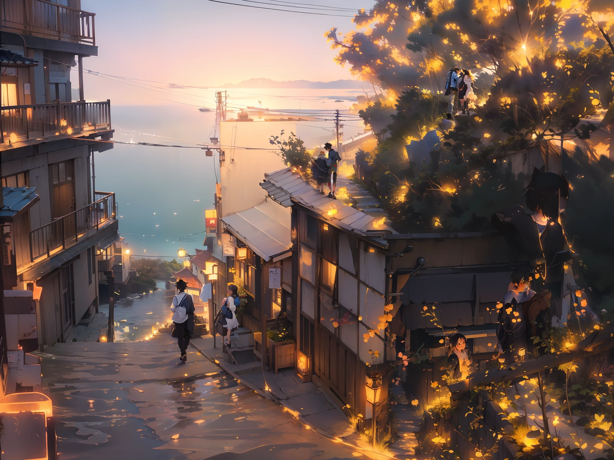 Anime by Makoto Shinkai、realisitic、cute little、An ultra-high picture quality、Male and female couple walking along a steep road by the water,((Luminous Path))、Luminous sea、sea side、Sunset over the sea、twinkle、