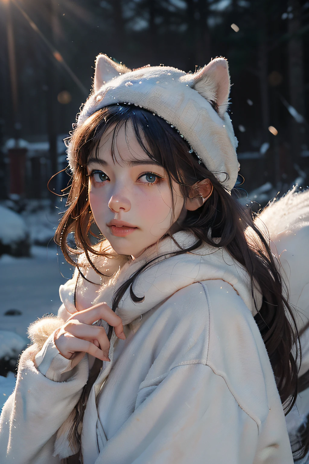 full bodyesbian,(raw photo:1.2), (photorealistic:1.4), (best quality:1.4), (ultra highres:1.2), (highly detailed:1.3), (HDR:1.2), (cinematic lighting:1.3), (detailed eyes ), (Facial features), (Fur details), (snow covered:1.2), Cute fox, Stand up, (3/4 Human figures:1.2), (furry tail:1.2), (soft fur:1.2) , (sprout:1.2), (looking at viewert), (An innocent expression), (softlighting), (dream magical), (dream magical:1.3), (aethereal:1.3), (Magic:1.2), (snowflower: 1.2),(Winter wonderland:1.3),(whimsically:1.2),(playful:1.2),Half-body diagram,独奏
