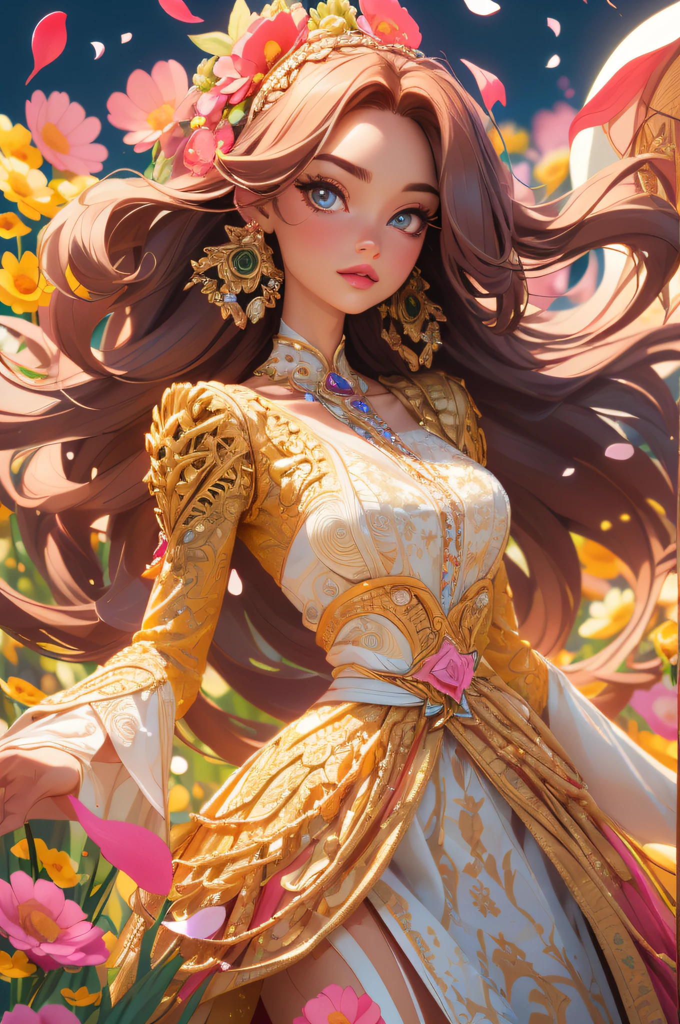 A Barbie princess wearing a lovely pink lightweight dress, hires, extremely detailed, detailed background, diffused natural lighting, (flower field, flower petals, surrounded by flowers:1.4), (zentangle, fractal art:1.3), (many colors, colorful:1.1), face focus), seductive, wind blowing, earrings, wearing detailed exotic clothes, ((Full body shot)), delicate face, white skin, delicate facial features, perfect facial features, delicate hair portrayal, delicate eyes portrayal, 8k picture quality, atmosphere sense, the highest quality, masterwork, extreme detail, high resolution, blurry foreground, foreshortening, Luminism, cinematic lighting, wide shot, Masterpiece, retina, textured skin, anatomically correct, best quality, award winning