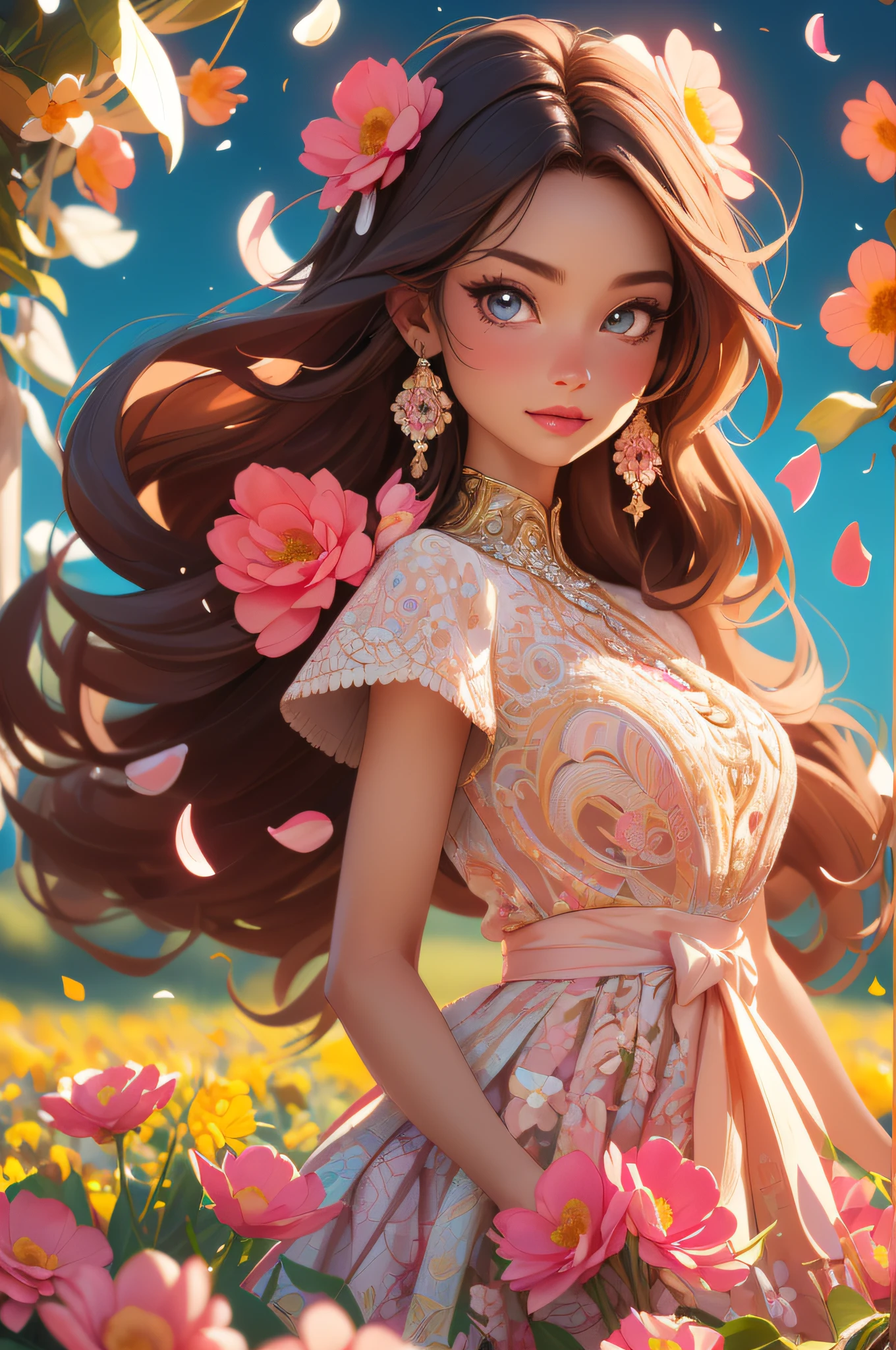 A Barbie princess wearing a lovely pink lightweight dress, hires, extremely detailed, detailed background, diffused natural lighting, (flower field, flower petals, surrounded by flowers:1.4), (zentangle, fractal art:1.3), (many colors, colorful:1.1), face focus), seductive, wind blowing, earrings, wearing detailed exotic clothes, ((Full body shot)), delicate face, white skin, delicate facial features, perfect facial features, delicate hair portrayal, delicate eyes portrayal, 8k picture quality, atmosphere sense, the highest quality, masterwork, extreme detail, high resolution, blurry foreground, foreshortening, Luminism, cinematic lighting, wide shot, Masterpiece, retina, textured skin, anatomically correct, best quality, award winning