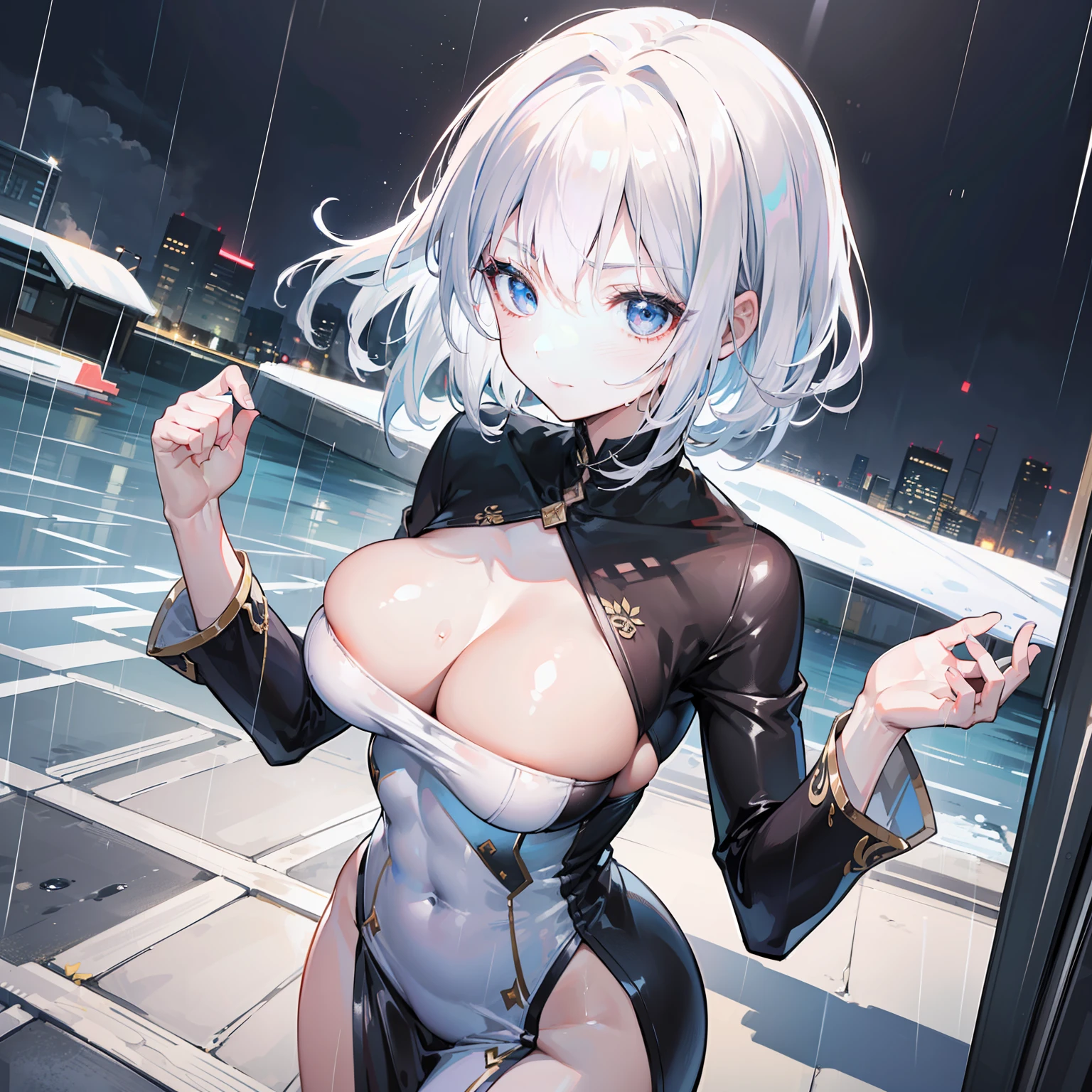 ((best qualtiy, 8k, tmasterpiece:1.3)), Focus:1.2, perfect figure beautiful woman:1.4, Cocked buttocks:1.2, ((Cut hair in layers, Beautiful breasts:1.2)), (wetclothes:1.1) , (Rain, Street:1.3), Bandeau Dress:1.1, Highly detailed facial and skin texture, A detailed eye, 二重まぶた，Whiten skin，long whitr hair,(Keep one's mouth shut:1.3)，ssmile，Clear and beautiful eyes