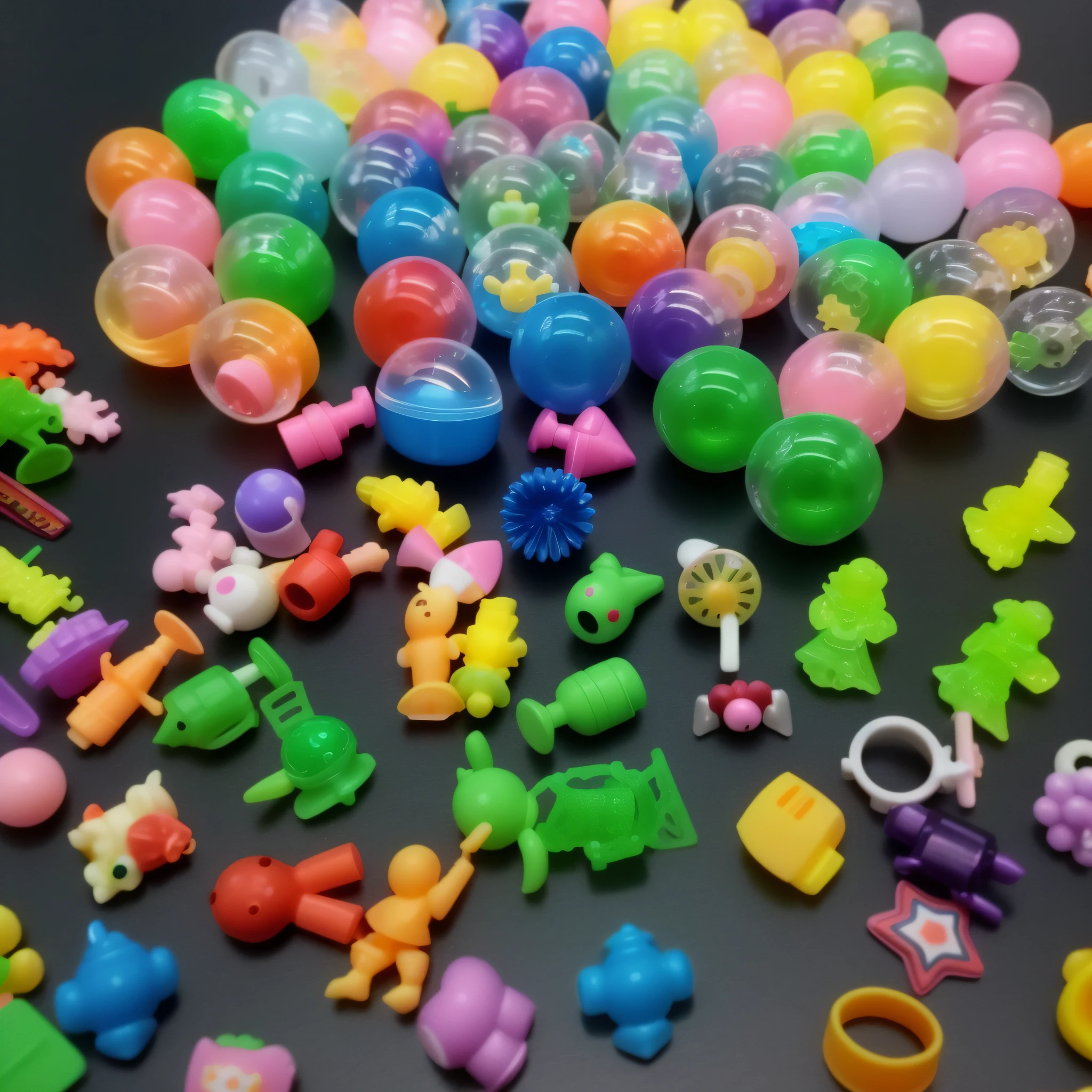 Close-up of a bunch of toys on the table, toy package, biopunk toys made in china, plastic toy, toys figures, kids toy, Mini, toys, plastic, cute colorful adorable, kids toy, kids toy, broken toys are scattered around, Beads, Colored plastic, Hey, Kinked cracks, Gamine, nostalgic memory, art toys