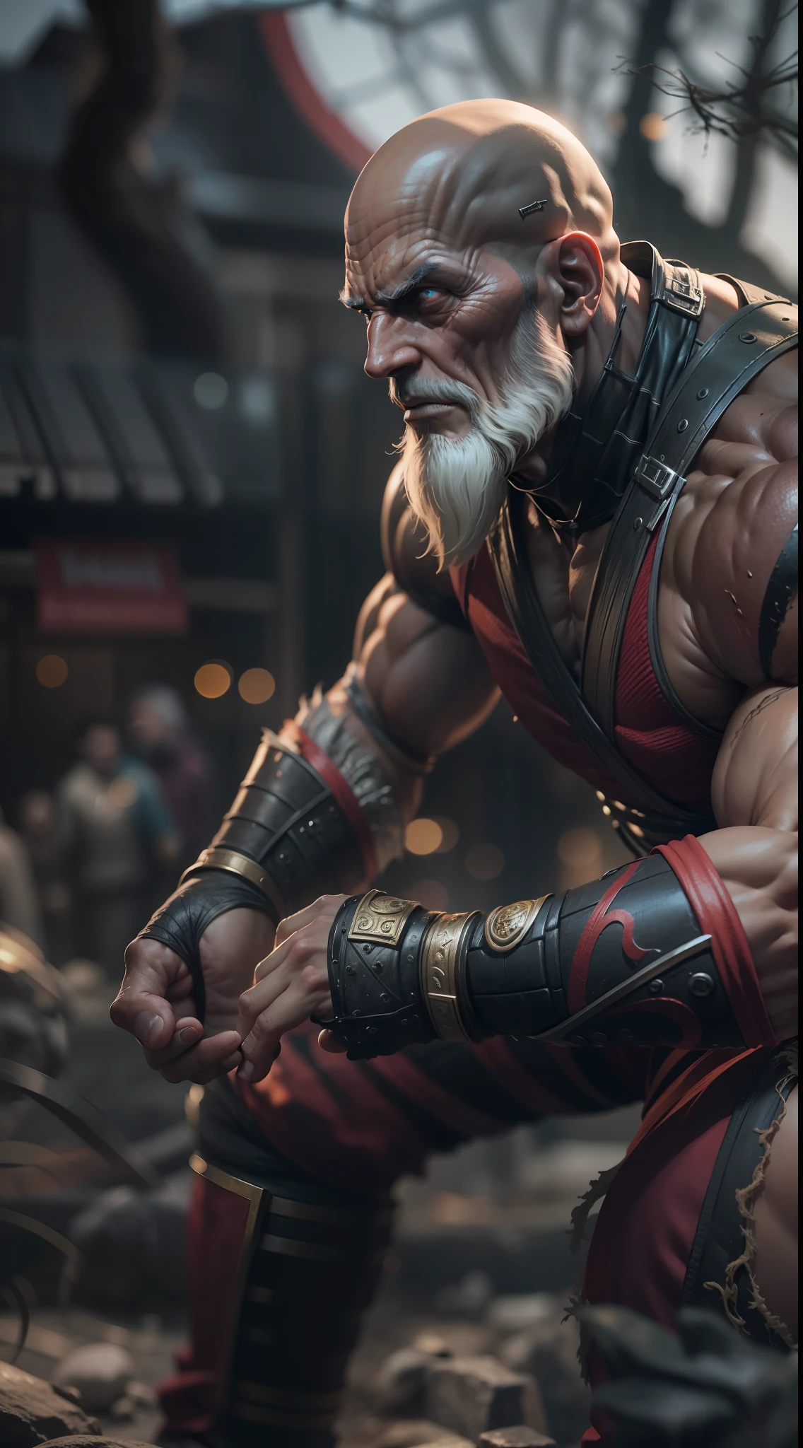 mortal kombat god old man character , super strong, muscular,a chaotic world in the background, 35mm lens, photography, ultra details, precise texture details HDR, UHD,64K,