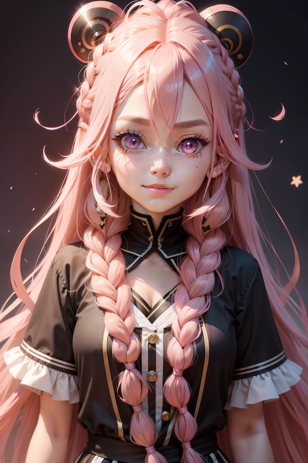 pink hair, ahoge, braid, very long hair, musical note hair ornament, star hair ornament, star-shaped pupils, gradient eyes, eyebrows behind hair, light smile, anime, highres, high details, high details, 16k, ccurate