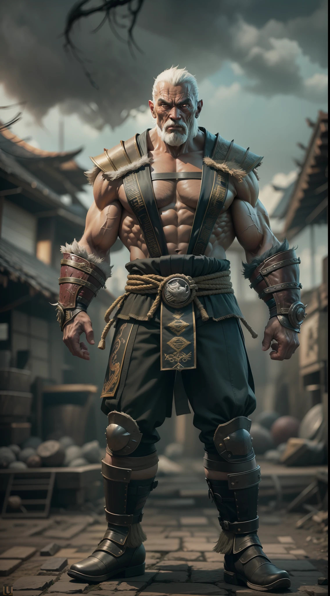 mortal kombat god old man character , super strong, muscular,a chaotic world in the background, 35mm lens, photography, ultra details, precise texture details HDR, UHD,64K,