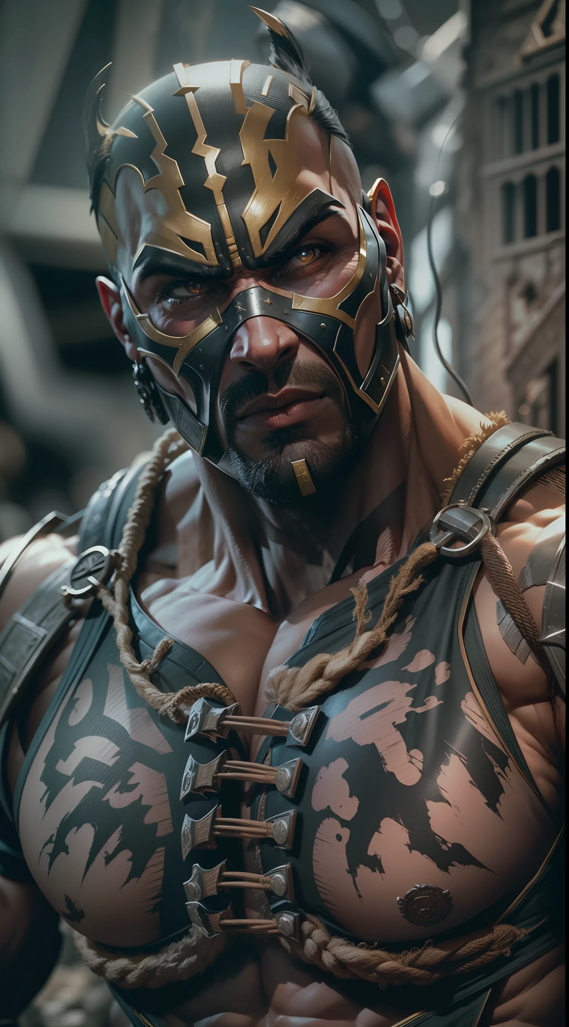 mortal kombat god man character , super strong, muscular,a chaotic world in the background, 35mm lens, photography, ultra details, precise texture details HDR, UHD,64K,