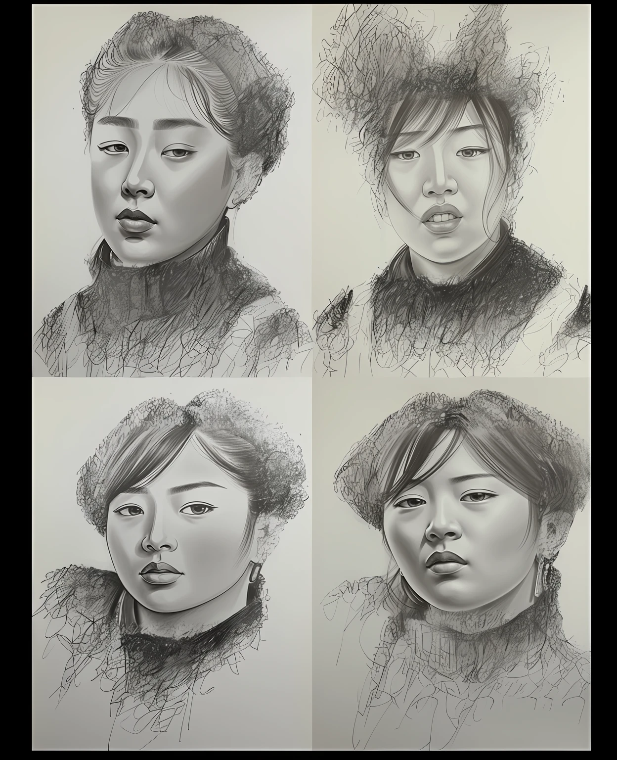 Four different portraits of women with different hairstyles, Very detailed faces, Look up at the detailed faces, Detailed portraits, detailed expressive faces, inspired by Weiwei, author:Kim Hwan-ki, inspired by Xi Gang, Detailed faces, inspired by Dong Qichang, author:Kim Myung-kook, corrected faces, author:Zhang Shengqi, Realistic faces