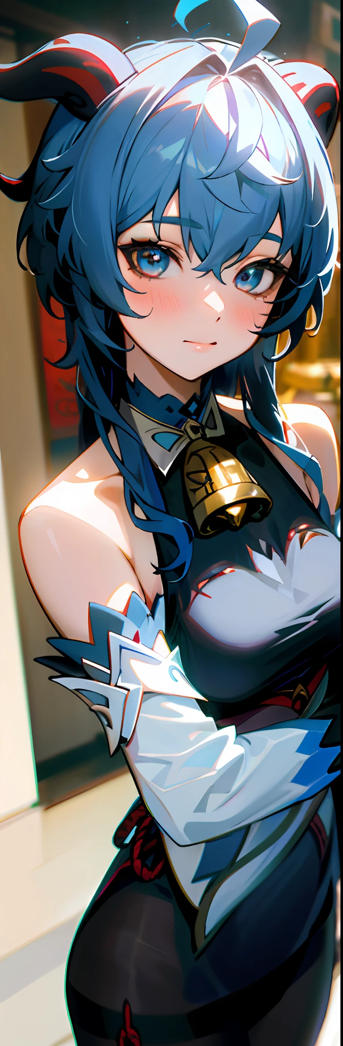 (photorealistic:1.4), (masterpiece, sidelighting, finely detailed beautiful eyes: 1.2), masterpiece*portrait, realistic, 3d face,
ganyu \(genshin impact\), 1girl, ahoge, architecture, bangs, bare shoulders, bell, black gloves, black pantyhose, (blue hair), blush, breasts, chinese knot, detached sleeves, flower knot, gloves, horns, long hair, looking at viewer, medium breasts, neck bell