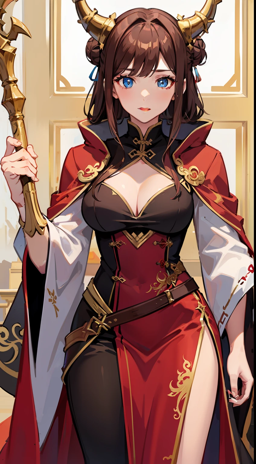 Adult woman, brown hair in bun, dragon horns, blue eyes, red chinese dress, cloak, spear, Gold inserts, red lipstick, Masterpiece, hiquality
