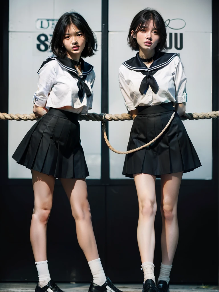 The highest quality shooting　　　　、White lace panties　、(((Two Women)))、　Thin rope、Tying up the body　、(((Bound arms))), (((Bound chest and legs))),(((arms behind back)))
、(((Black collar))) 、　Skirt Roll Up　、　Two Women、White School Uniform、(((audience)))　、a sailor suit　、Dark blue pleated skirt　、Medium length pleated skirt　、student clothes　、　　Collar with a leash　、Cowboy Shot　　 、is crying　 　　、Portraits are prohibited　、blushed face　　、nightclubs　、disco　、dance　、　poneyTail　、(((audience)))　　、　A dark-haired　、Low angle full body photo　、Sad look、 Black hair, shining beautiful skin , Sweat, collar and chain accessories, beautiful black pupil and hair, Detailed expression　, beautidful eyes