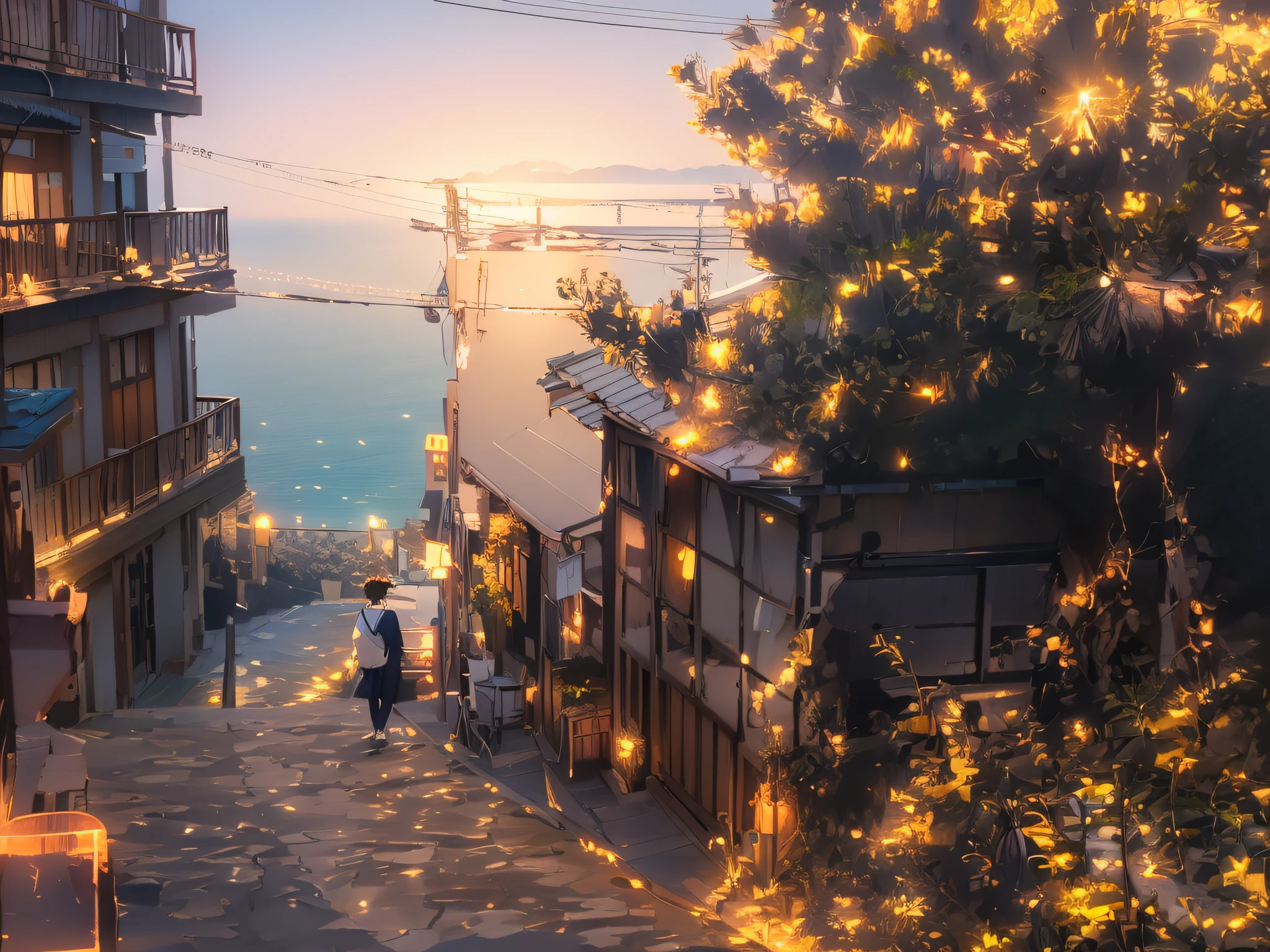 Anime by Makoto Shinkai、realisitic、cute little、An ultra-high picture quality、Male and female couple walking along a steep road by the water,((Luminous Path))、Luminous sea、sea side、Sunset over the sea、twinkle、