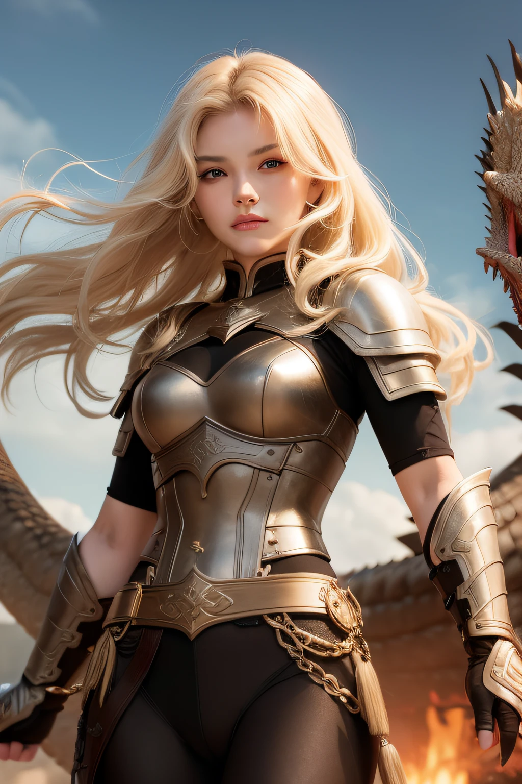 Blonde warrior woman with wavy hair with a dragon