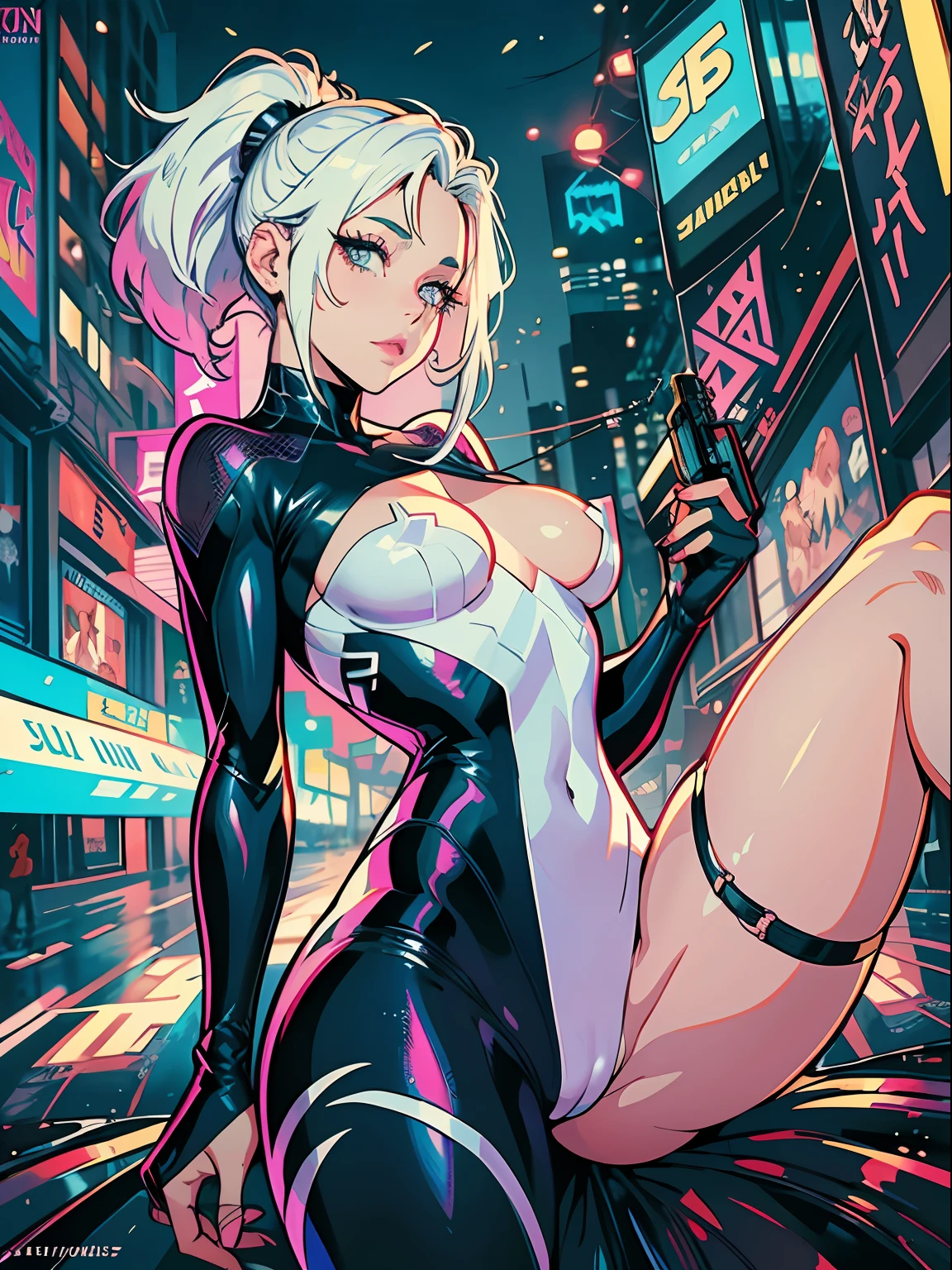 uma pintura digital da spider gwen utilizando touca e mascara, References to classic comic book malvel, spider verse, outfit Long Hair, arte cyberpunk de Josan Gonzalez, vencedora do concurso behance, afrofuturismo, synthwave, neon, neon brilhante,coxas grossas, cintura fina, sensual, nsfw, pouca roupa, arte erotica, anime, roupas rasgada de batalha, extremamente sexualizada, corpo suado, NSFW, seios grandes, bunda grande, HD, 8k, Alta qualidade, detalhes, corpo perfeito, destaque o corpo, detalhe no rosto perfeito, Detail in the background