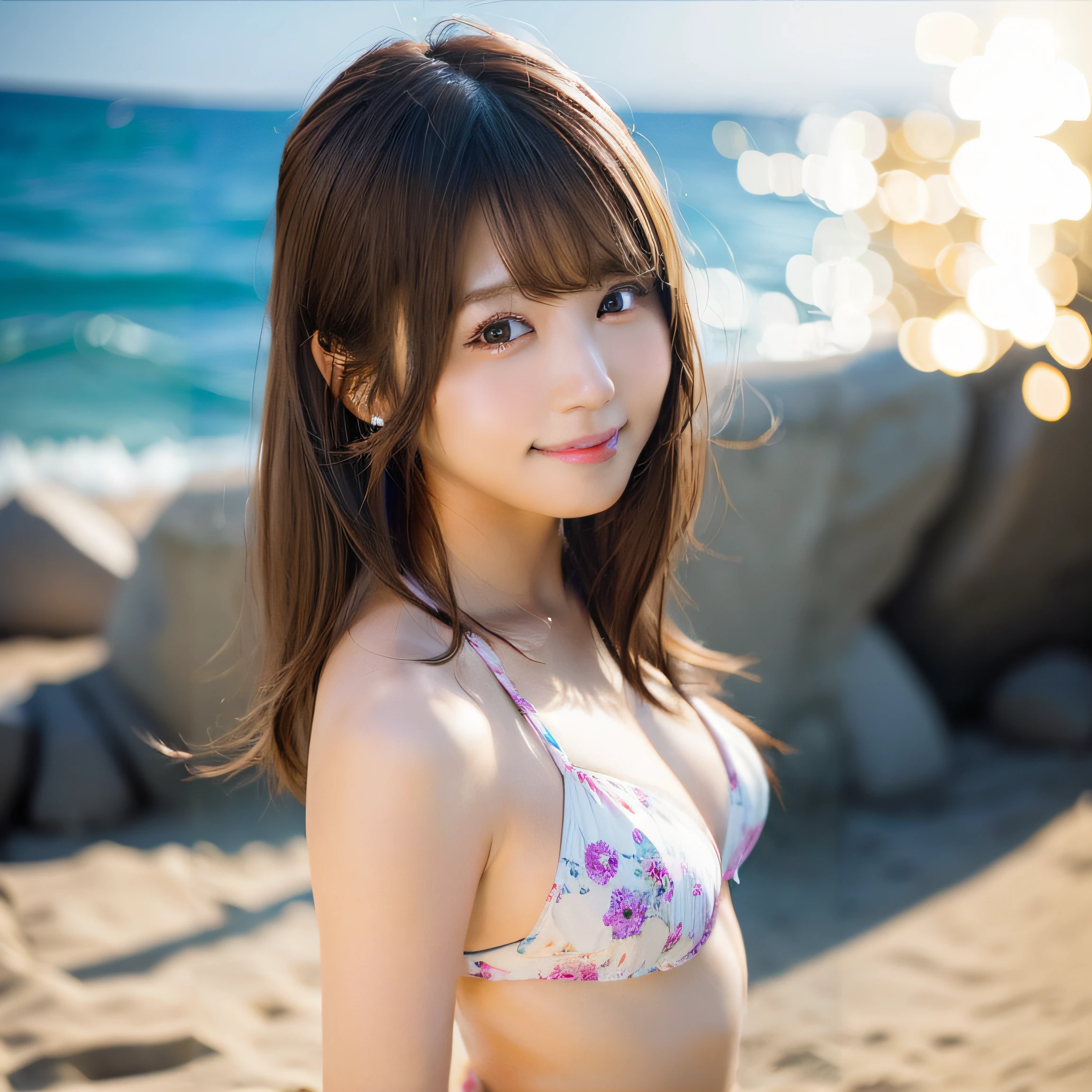 8K,Best Quality, 超A high resolution, (Photorealistic:1.4),​masterpiece:1.2, Raw photo, (upper thigh:1.1, From Side:0.7), (Bokeh:1.２), sea side, (in a suite:1.6),sand beach, 1日本人の女の子, Cute, (Solo:1.6), (Shy smile), Smooth skin, (Brown medium hair,Bangs), (touch hair:1.4),nogizaka,Cute swimsuit,Supple fingertips,Beautiful eyes:1.３