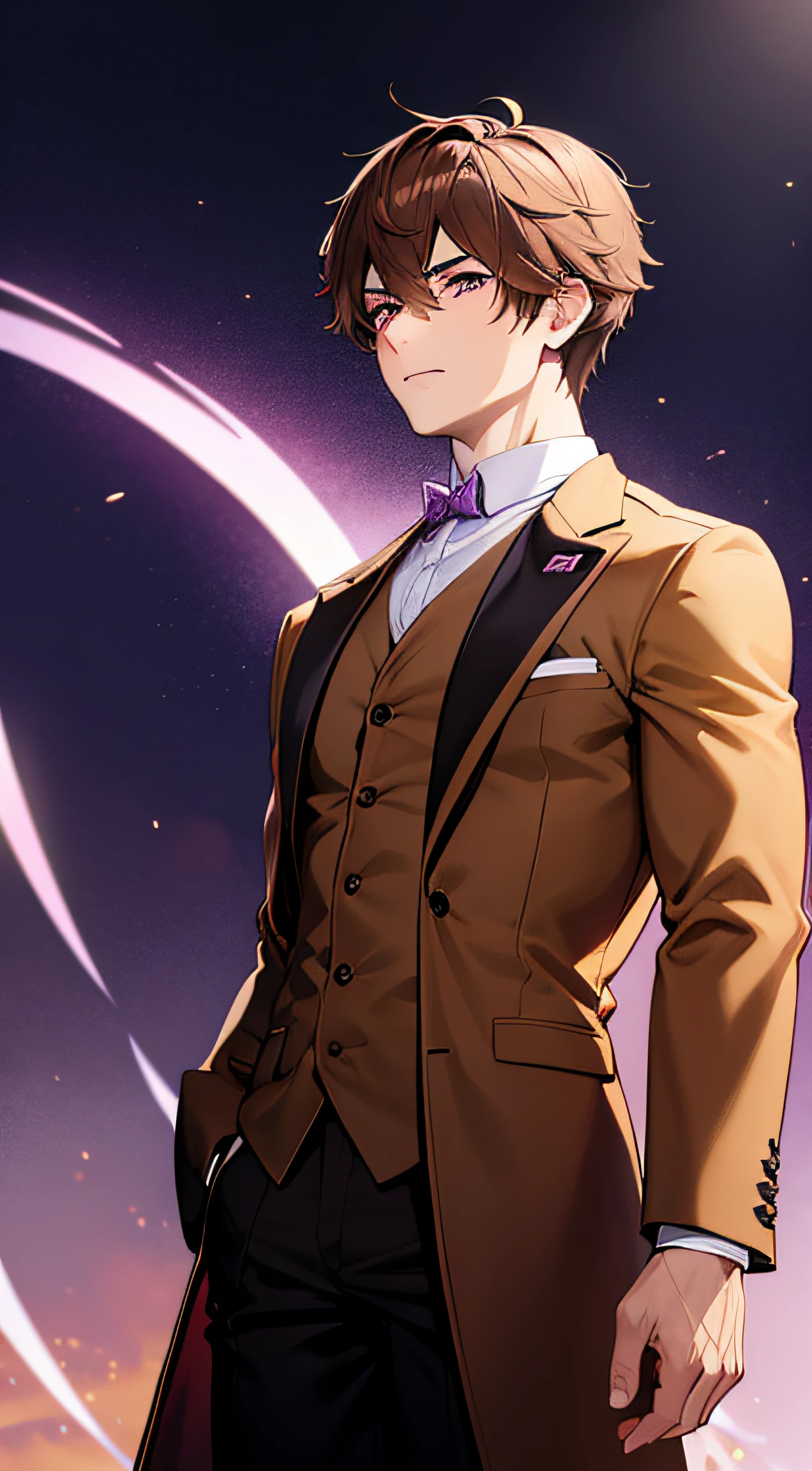 anime strong guy, muscles, wearing a brown overcoat, short brown hair, shining purple eyes, purple aura, anime style, 4k