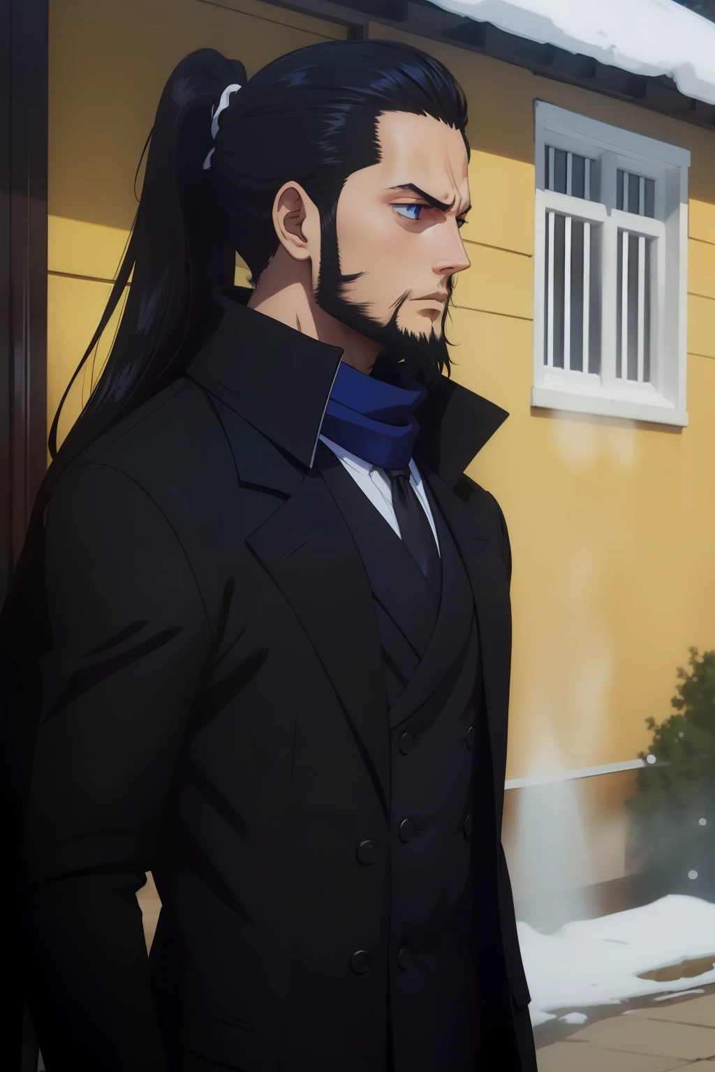 anime, man, british black suit, black overcoat, long ponytail hair, tiny beard, a blue scarf in neck