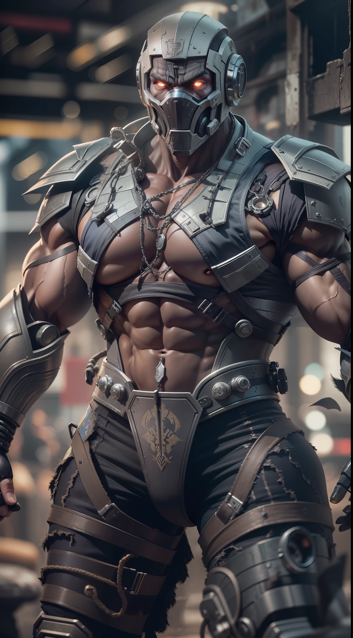 mortal kombat robot character , super strong, muscular,a chaotic world in the background, 35mm lens, photography, ultra details, precise texture details HDR, UHD,64K,