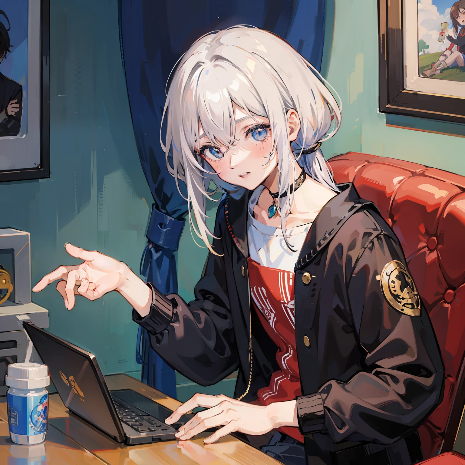 Anime menino lofi, playing video games, cabelo preso masculino raspado dos lados, olhos escuros