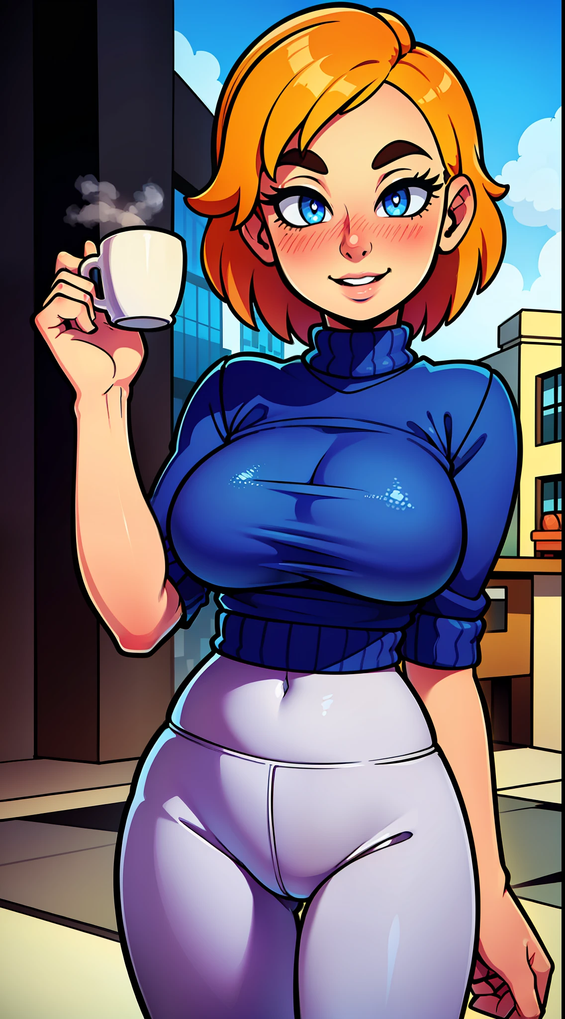 (masterpiece, best quality:1.4),  (modern days), (cowboy shot), 1girl, solo, pov, sfw,

stunning girlfriend, (standing:1.1), dynamic pose, (white oversized sweater, knit sweater:1.4), (tight yoga pants, dark grey yoga pants:1.4), (short navy blue jacket, denim jacket:1.4), long blonde hair, swept bangs, heart shaped face, elegant face, beautiful face, highly detailed face, highly detailed skin, skin pores, subsurface scattering, (detailed blue eyes), realistic pupils, large breast, loving smile, looking at viewer, full face blush, full lips, holding a single coffee cup, centered,

coffee shop in background, city street, sunny day, wind, detailed background, depth of field, atmospheric perspective, volumetric lighting, sharp focus,

absurdres, realistic proportions, good anatomy, (realistic, hyperrealistic:1.4), 16k hdr,