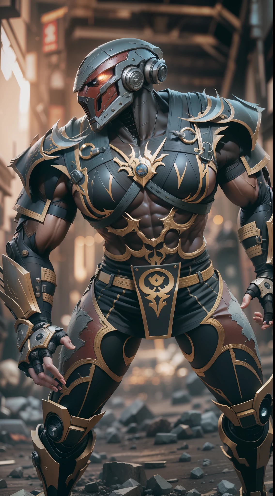 mortal kombat robot character , super strong, muscular,a chaotic world in the background, 35mm lens, photography, ultra details, precise texture details HDR, UHD,64K,