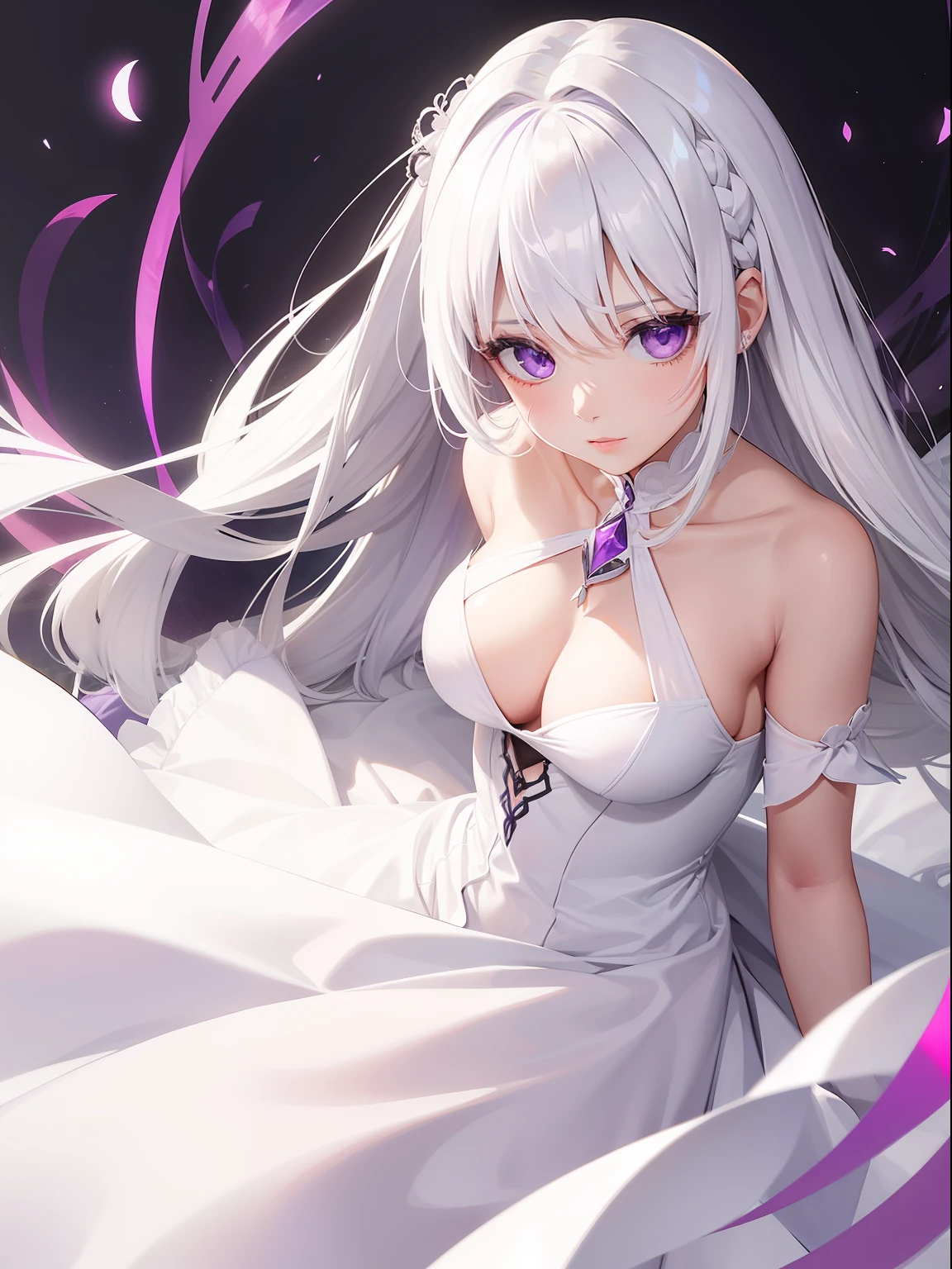 a women, white hair, purple eyes, white dress