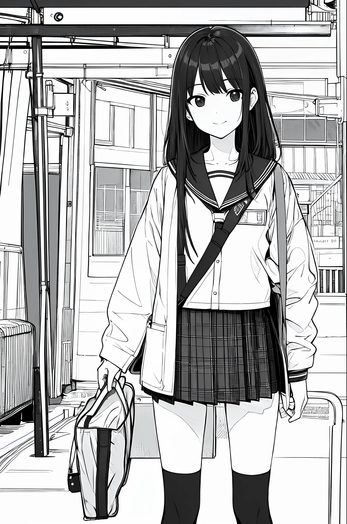 Anime girl in school uniform standing in front of a train - SeaArt AI