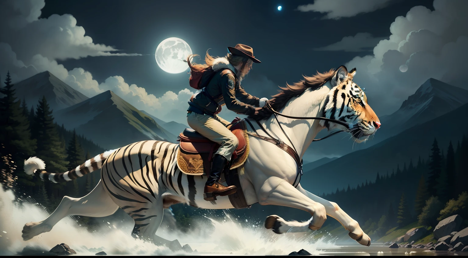 On a moonlit night, people ride tigers and run, mountain streams, bright moon