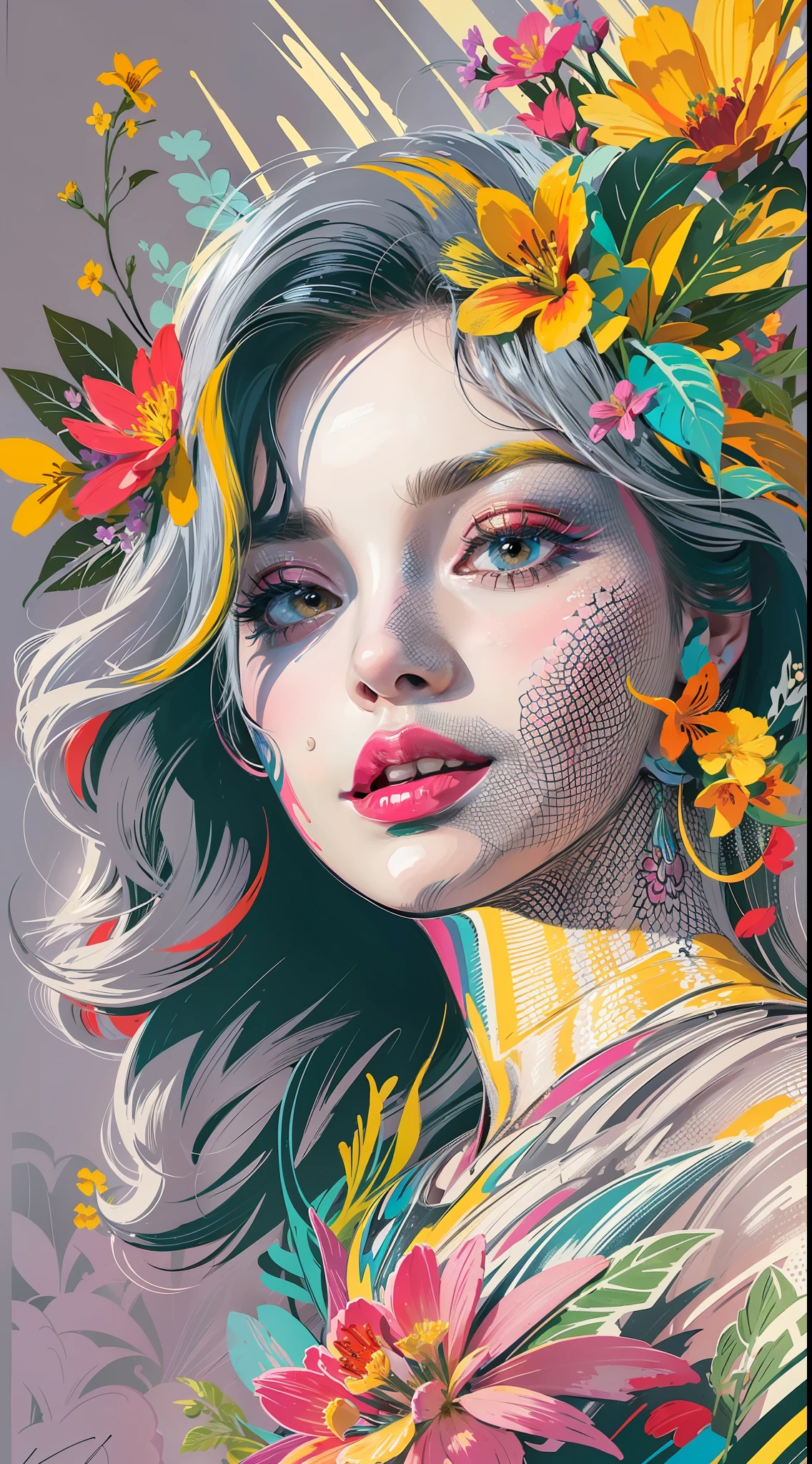Create a digital art work in pop art style, featureing a vibrant and confident woman with bold makeup and colorfull fashion, cinematic color scheme, surrounded by vintage flowers patterns, energtic brushstrokes,the mood should be dynamic, upper body, drawing, illustration, grayscale, tropical, adubon fruits, adubon plants, many flowers, vector, painting, depth background