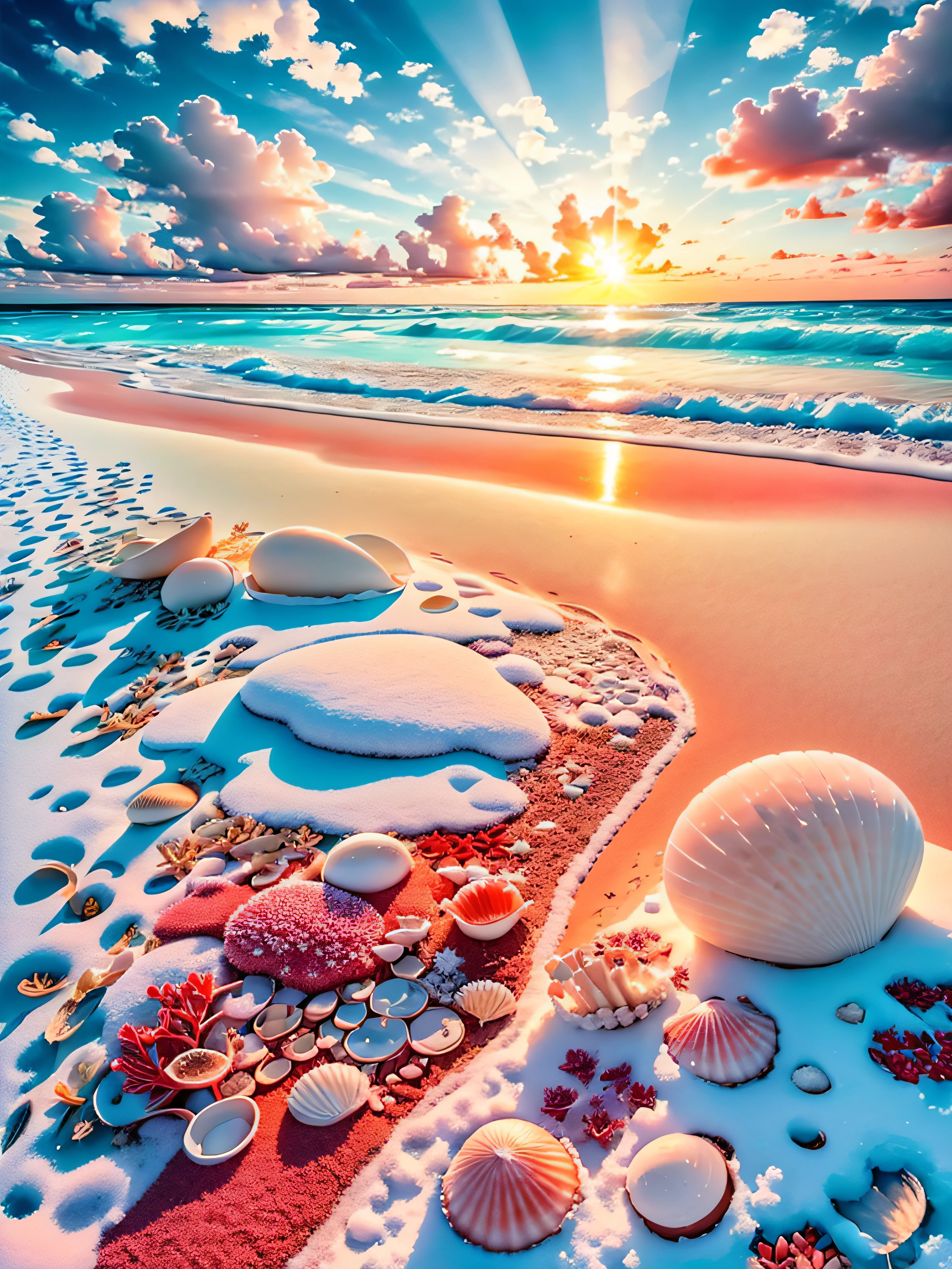 delicate scene,depth of field, 8K, The ivory sky,white clouds,and sunlight shine on the snow-white beach. The coral sea,and many colorful tinny shells on the beach,red roses, roses focus,