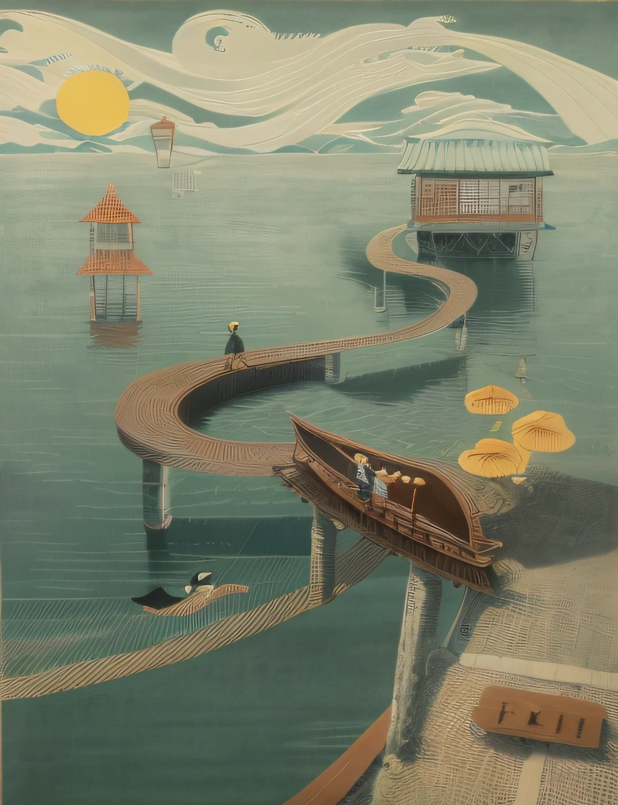 Painting of a man walking on a bridge over a body of water, traditional art, inspired by Ludwig Bemelmans, inspired by Hiroshige, author:Emma Rios, inspired by Yanagawa Nobusada, Inspired by Utagawa Hiroshige II, Inspired by Remedios Varro, author:Nandol Katona,Tonalism, Conceptual art, Art Deco, highres, UHD, 16k, best quality