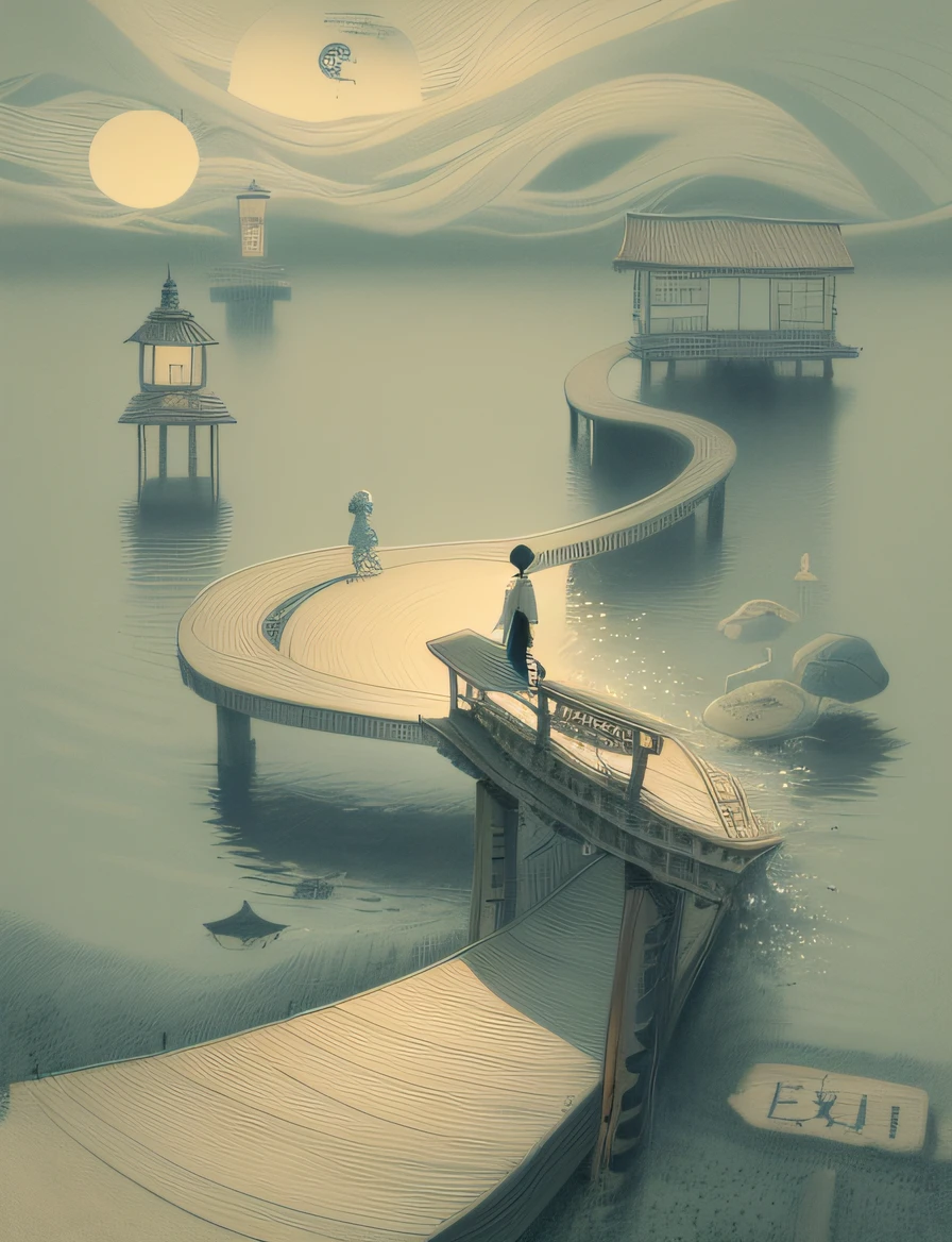 Draw a man walking on a bridge over a body of water, traditional art, inspired by Ludwig Bemelmans, inspired by Hiroshige, author:Emma Rios, inspired by Yanagawa Nobusada, Inspired by Utagawa Hiroshige II, Inspired by Remedios Varro, author:Nandol Katona,Tonalism, conceptual art, art-deco, A high resolution, hyper HD, 16k, Best quality