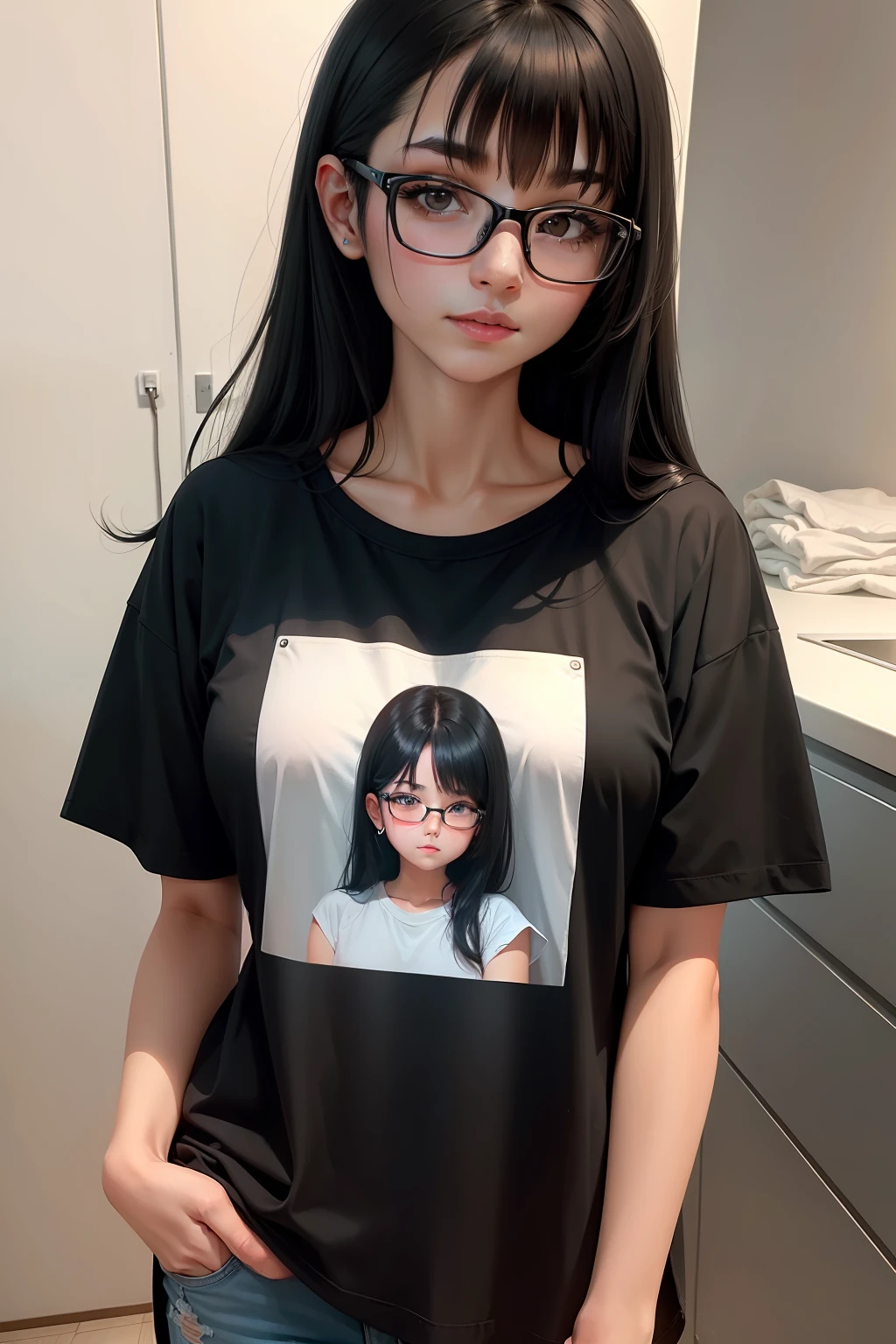 a girl with black medium hair, with glasses and a oversized t-shirt