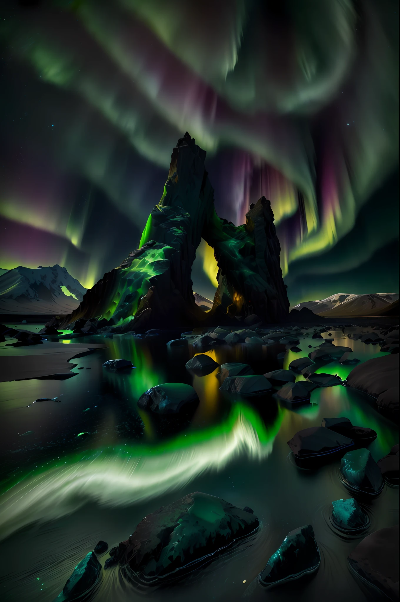 Arafard image of green aurora above water, iceland, dramatic aurora borealis, glowing green rocks, iceland astrophotography, aurora borealis, iceland landscape photography, marc adamus, iceland photography, Northern Lights, eftir Þórarinn B. Thorlaksson, Crazy mystery, author：Alexander Bogan, max rive