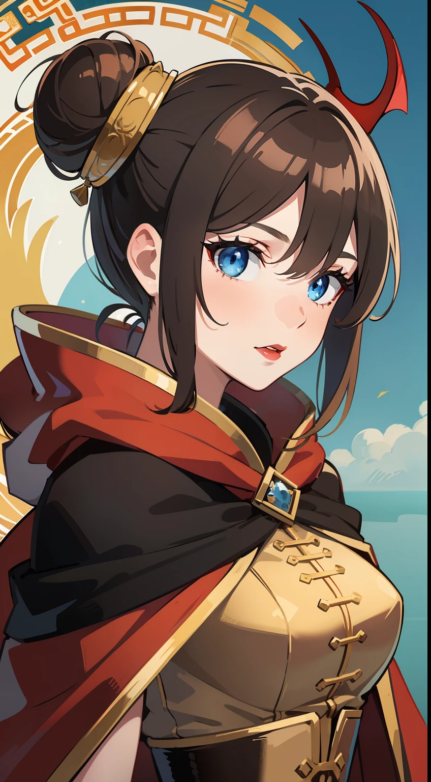 Adult woman, brown hair in bun, dragon horns, blue eyes, red chinese dress, cloak, spear, Gold inserts, red lipstick, Masterpiece, hiquality