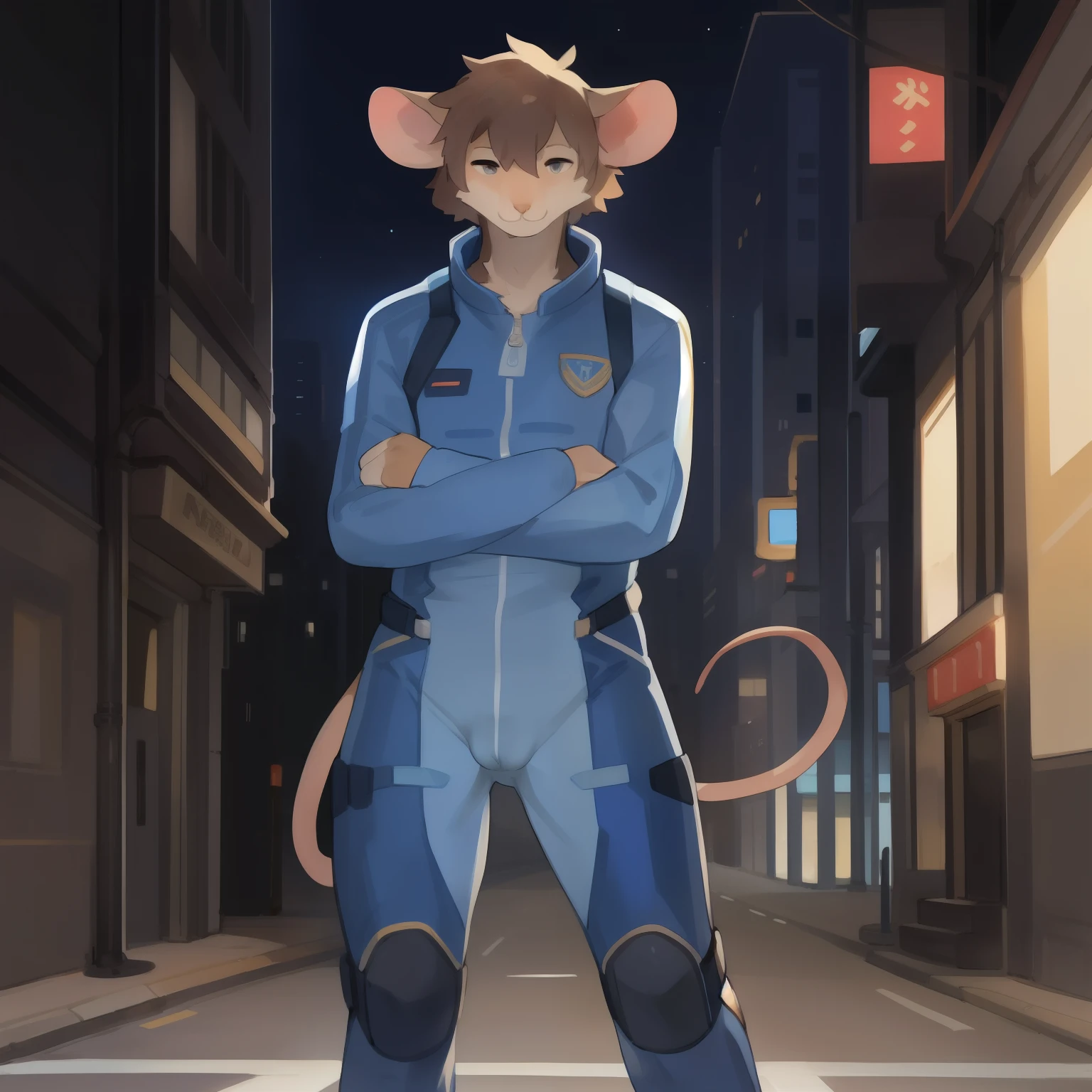 Solo, male, standing, street, mouse, (hair, snout), brown fur, blue military spacesuit, cameltoe, by bebebebebe