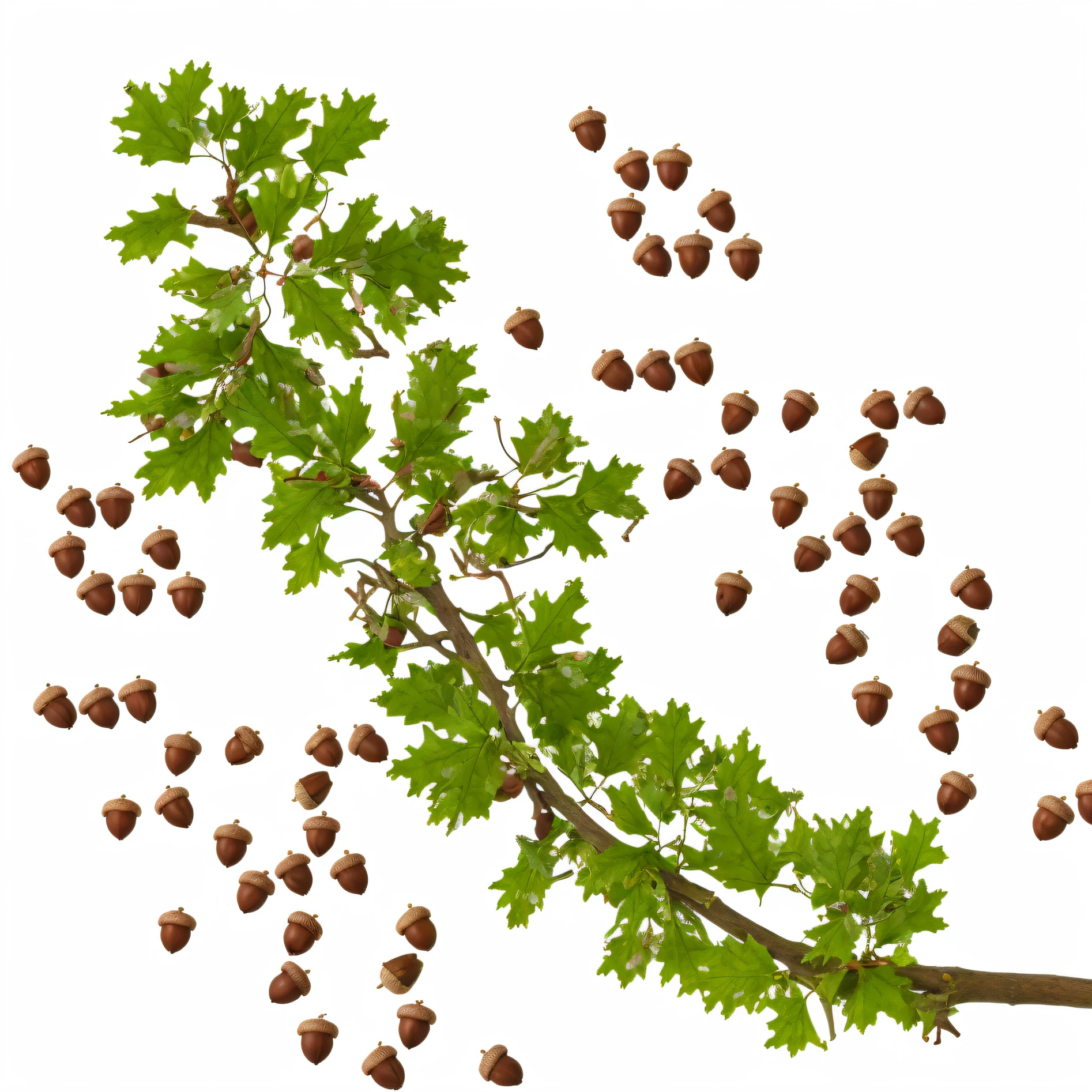 oak leaves and acorns hanging from an oak branch by stems. photorealistic,
