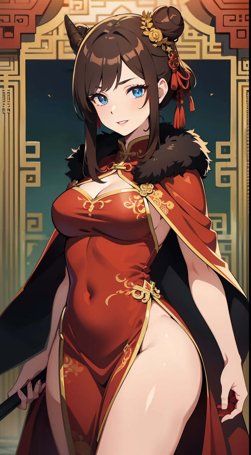 Adult woman, brown hair in bun, dragon horns, blue eyes, red chinese dress, cloak, spear, Gold inserts, red lipstick, Masterpiece, hiquality